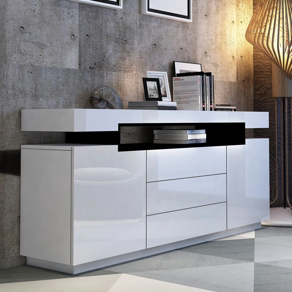 2 Ausway Modern Buffet Sideboard Cabinet High Gloss Storage with 2 Doors & 3 Drawers, 2 of 7
