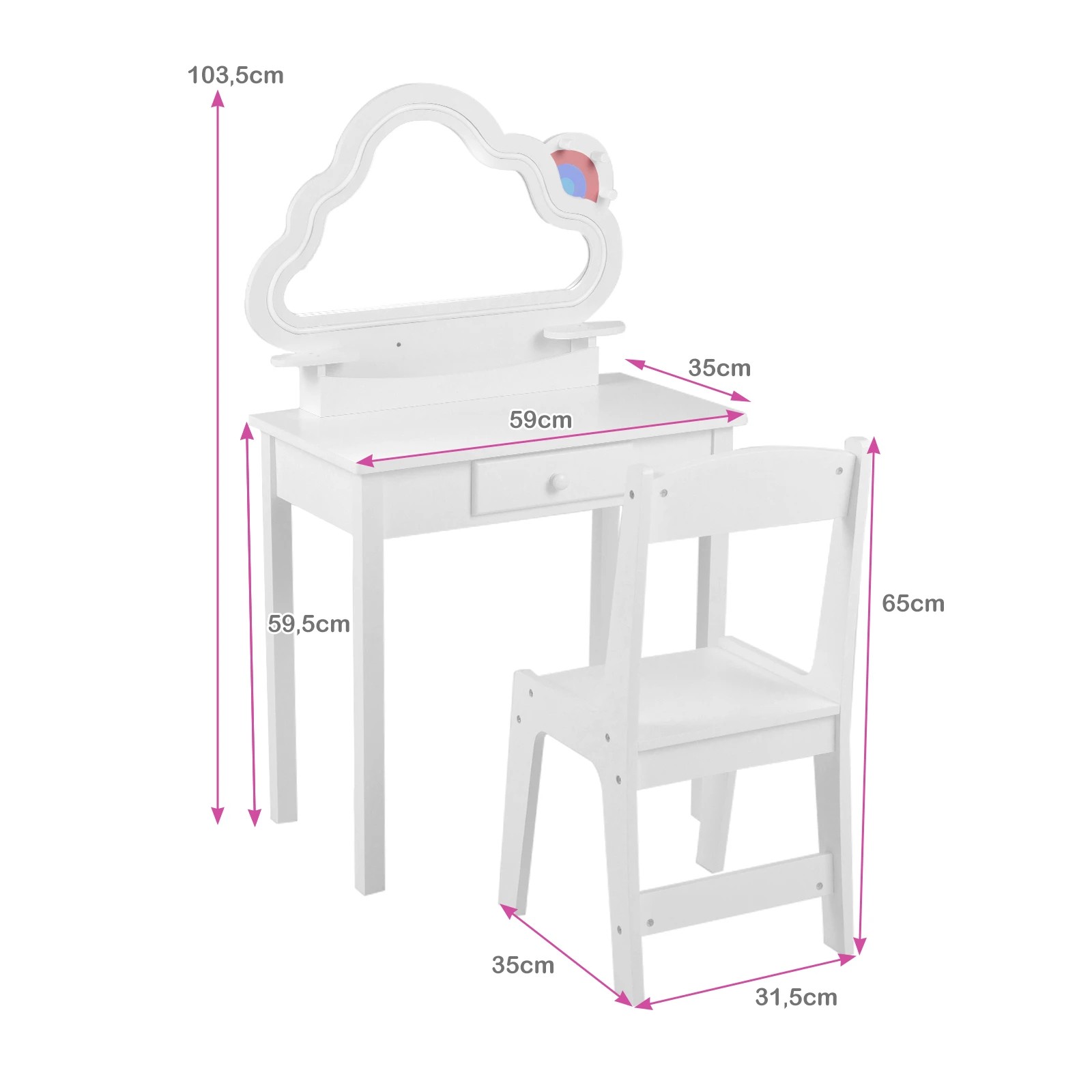 8 Costway Vanity Set Lighted Cloud Mirror 2-in-1 Princess Makeup Dressing Table Chair - White, 8 of 8