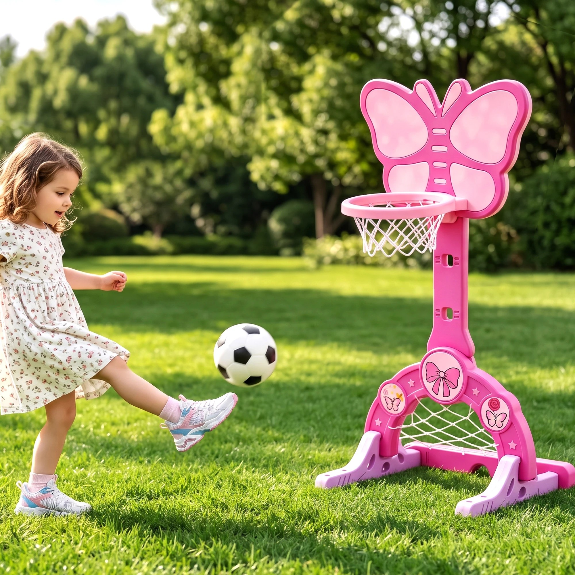 7 Keezi 3-in-1 Kids Basketball Hoop Soccer Goal Golf Game Set with Balls Children Sports Center Butterfly - Pink, 7 of 8