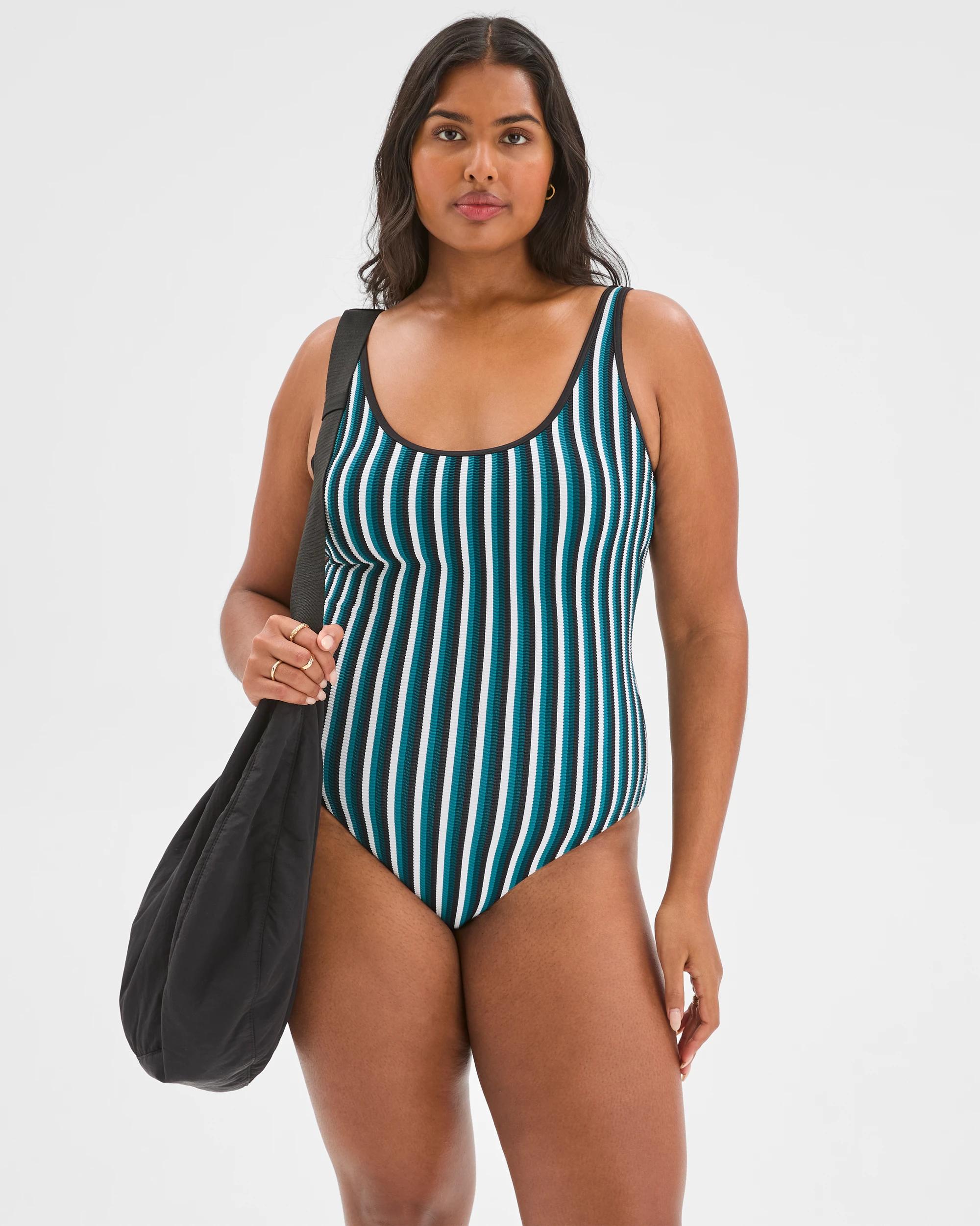 8 Target Woman Scoop Neck Crinkle One Piece Swimsuit COCOA/DEEP SEA STRIPE, 8 of 9