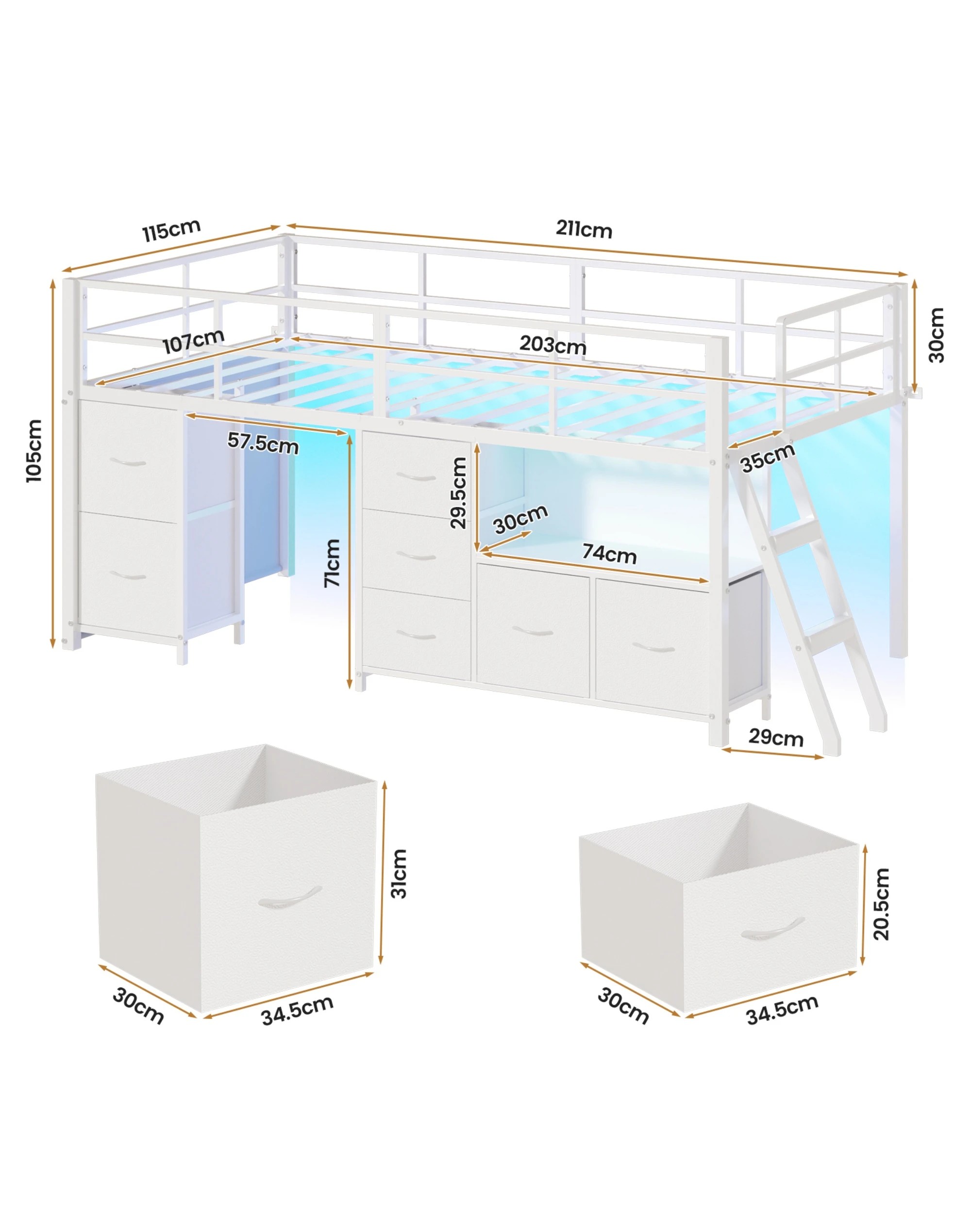 3 Advwin King Single Low Loft Bed with 7 Drawers Bookcase LED Light for Kids - White, 3 of 8