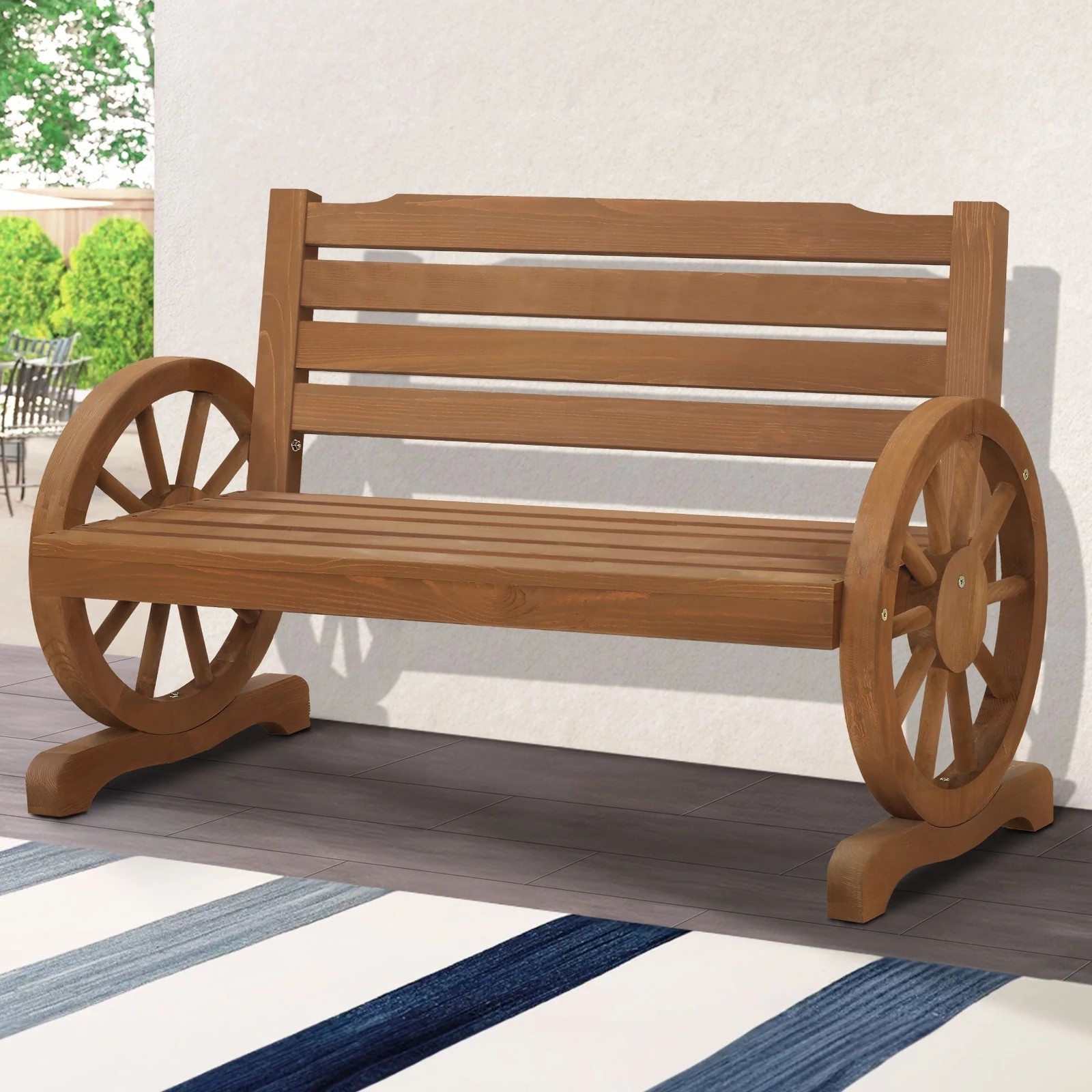 2 Alfordson Wooden Garden Bench Wagon Wheel Chair Seat Outdoor Patio - Natural, 2 of 9