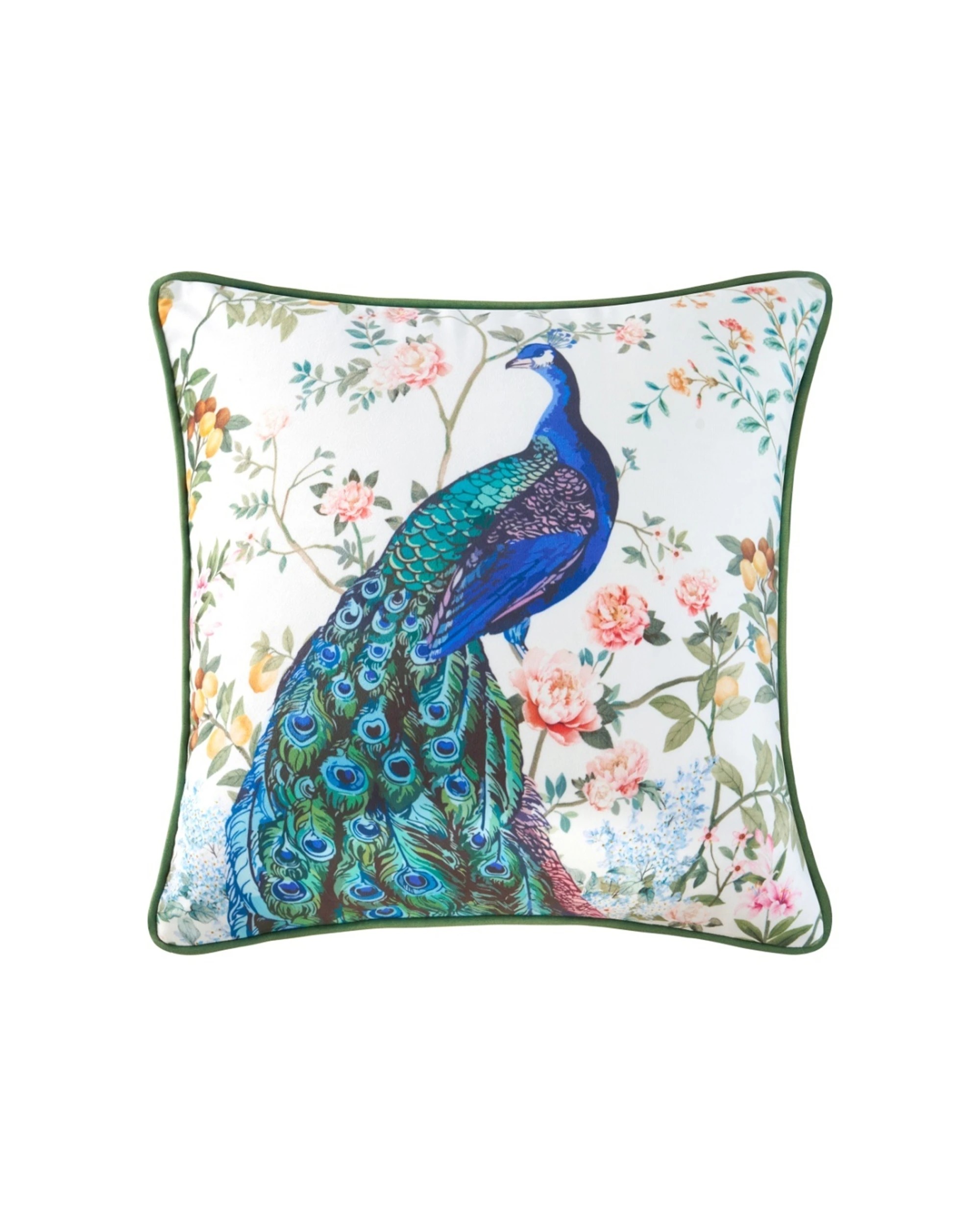1 Bianca Priya Square Velvet Decor Cushion Peacock Design Piped Edge - Pattern, 1 of 1