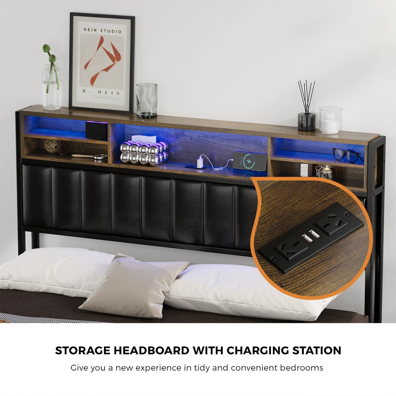 4 Oikiture Bed Frame Queen Size LED Storage Headboard With USB Charge - Black, 4 of 9