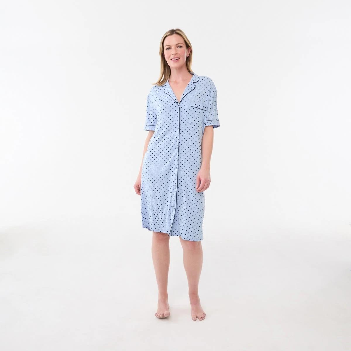 1 Short Sleeve Button Through Comfort Nightie LARGE SPOT BRUNI BLUE, 1 of 5