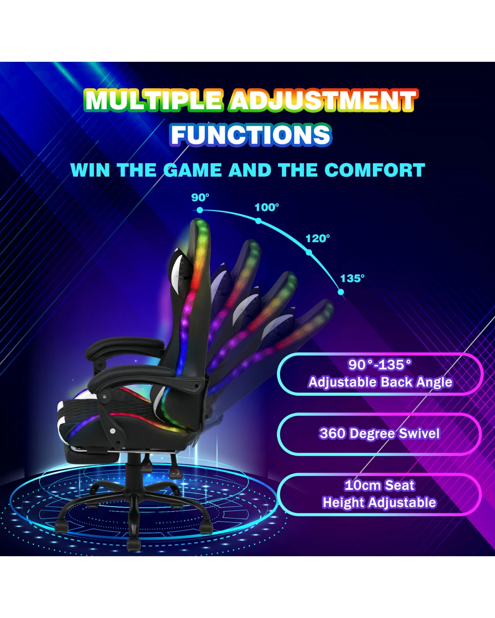 4 Advwin Led Lights Gaming Chair With Massagers Black/white, 4 of 8