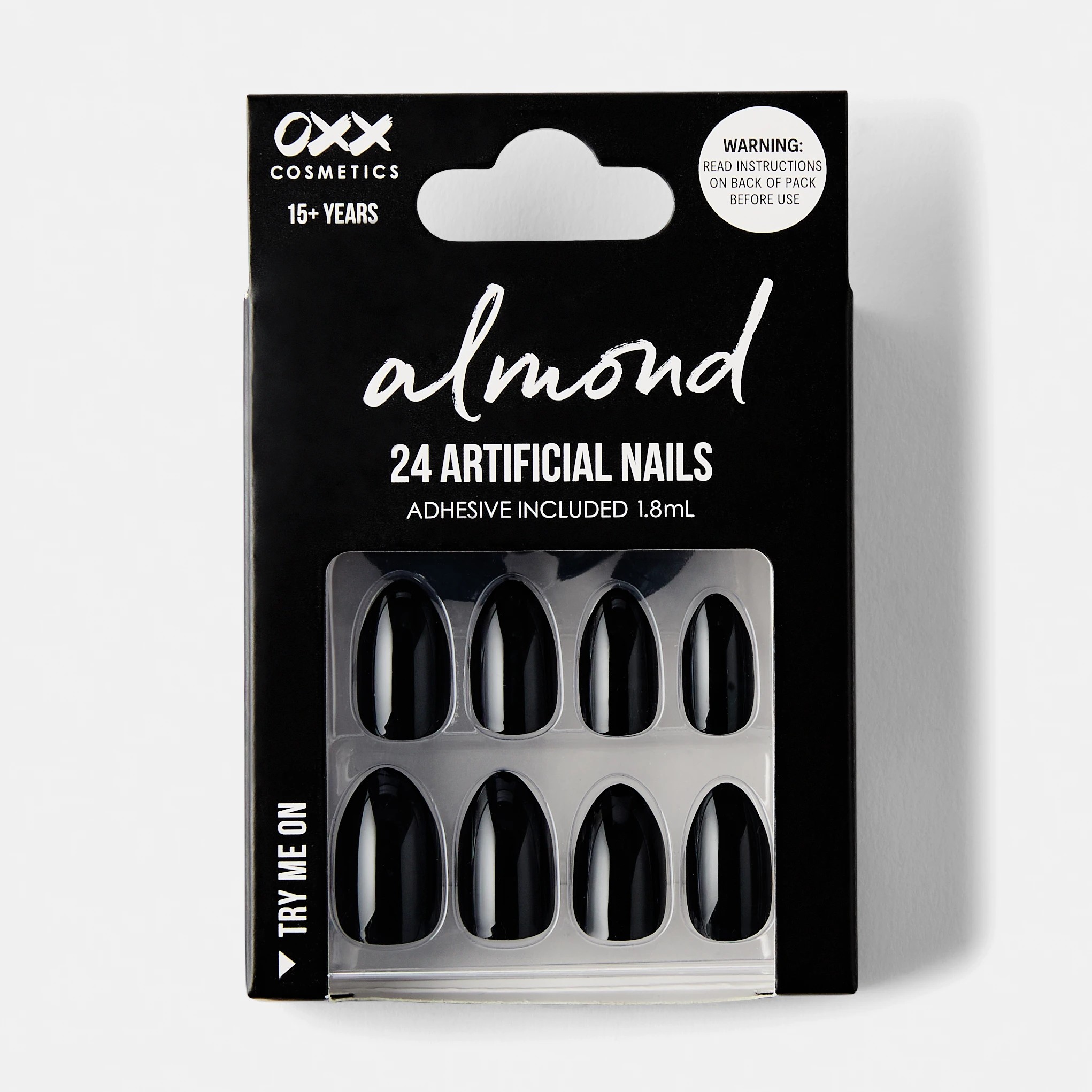 1 OXX Cosmetics 24 Pack Artificial Nails with Adhesive - Almond Shape, Black, 1 of 5