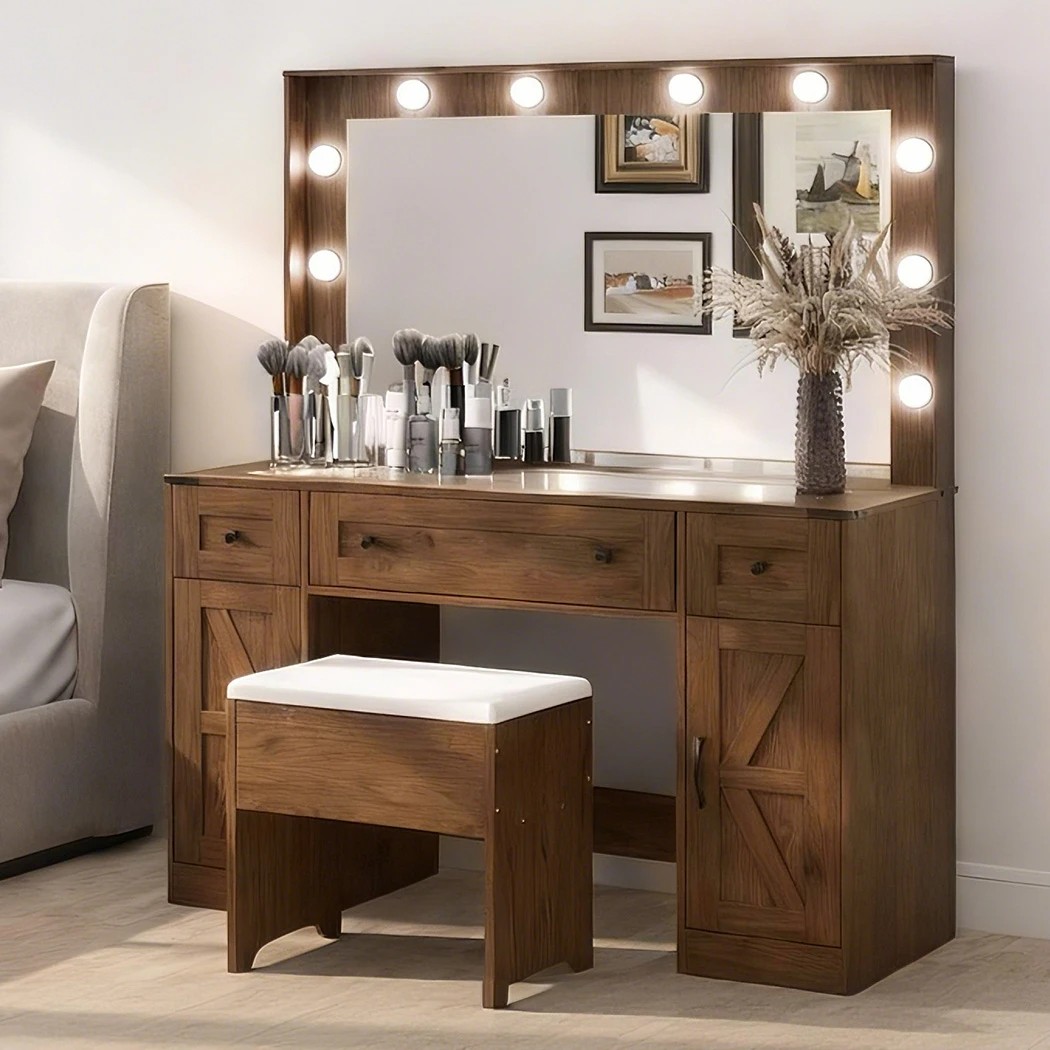6 Levede Dressing Table with Hollywood Makeup Mirror and Lights Brown, 6 of 6