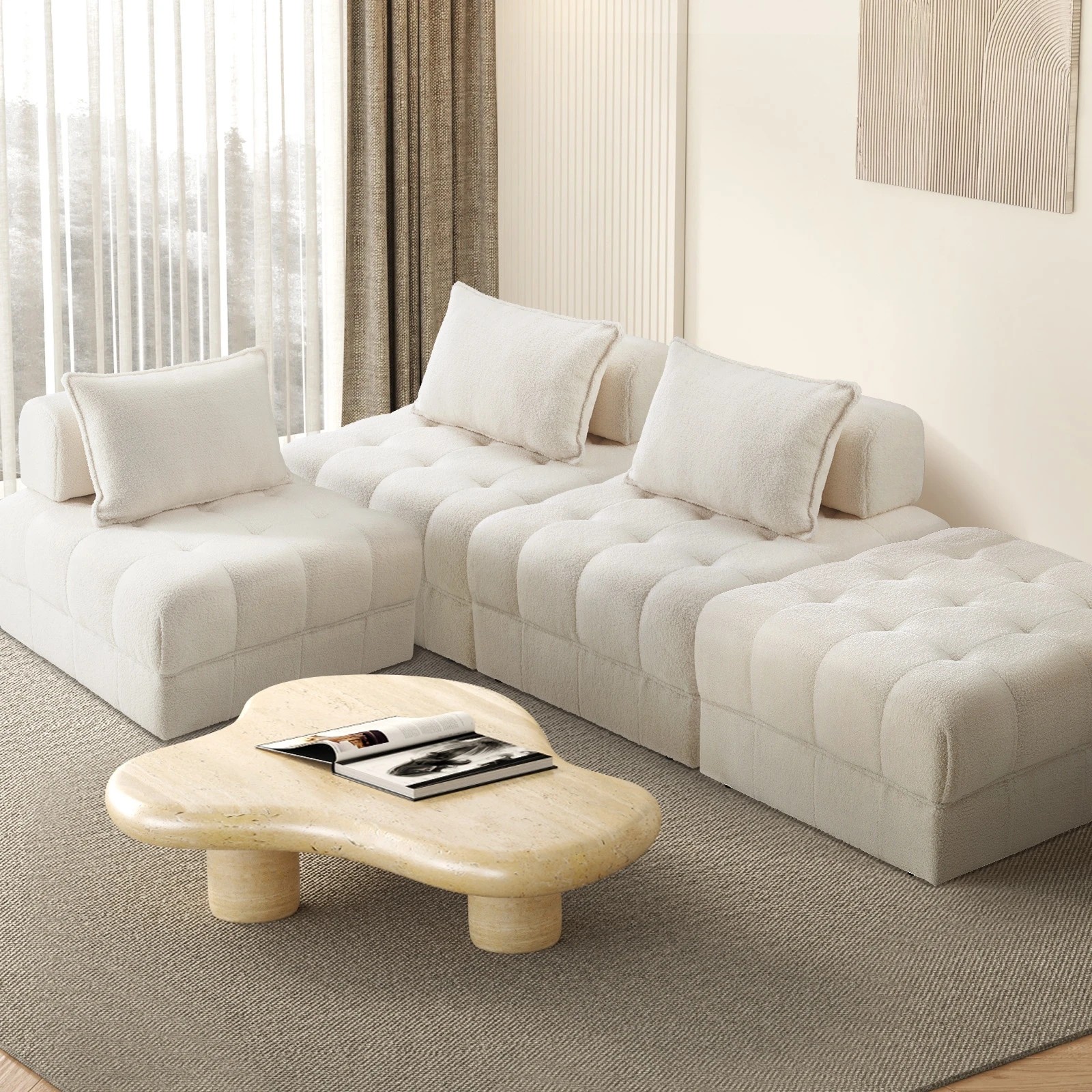 2 Oikiture 4 Seater Boucle Modular Sofa & Ottoman Set Armless Tofu Back
 - White - White, 2 of 10