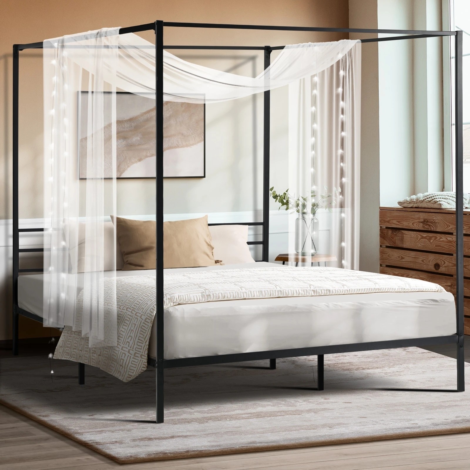 2 Oikiture Metal Canopy Bed Frame Queen Size Beds Platform
 - Black, 2 of 9