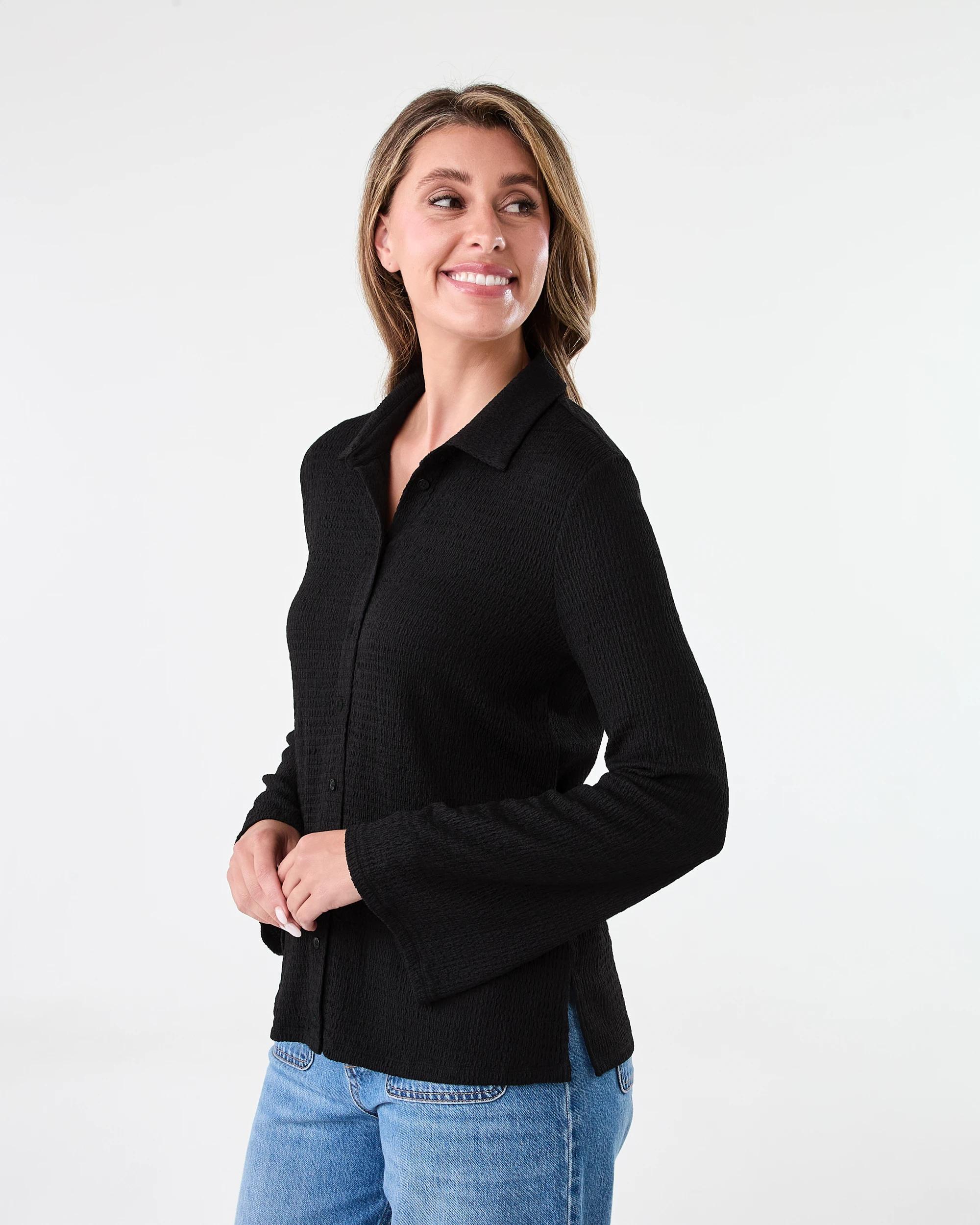 2 Long Sleeve Textured Tie Back Shirt Black, 2 of 9