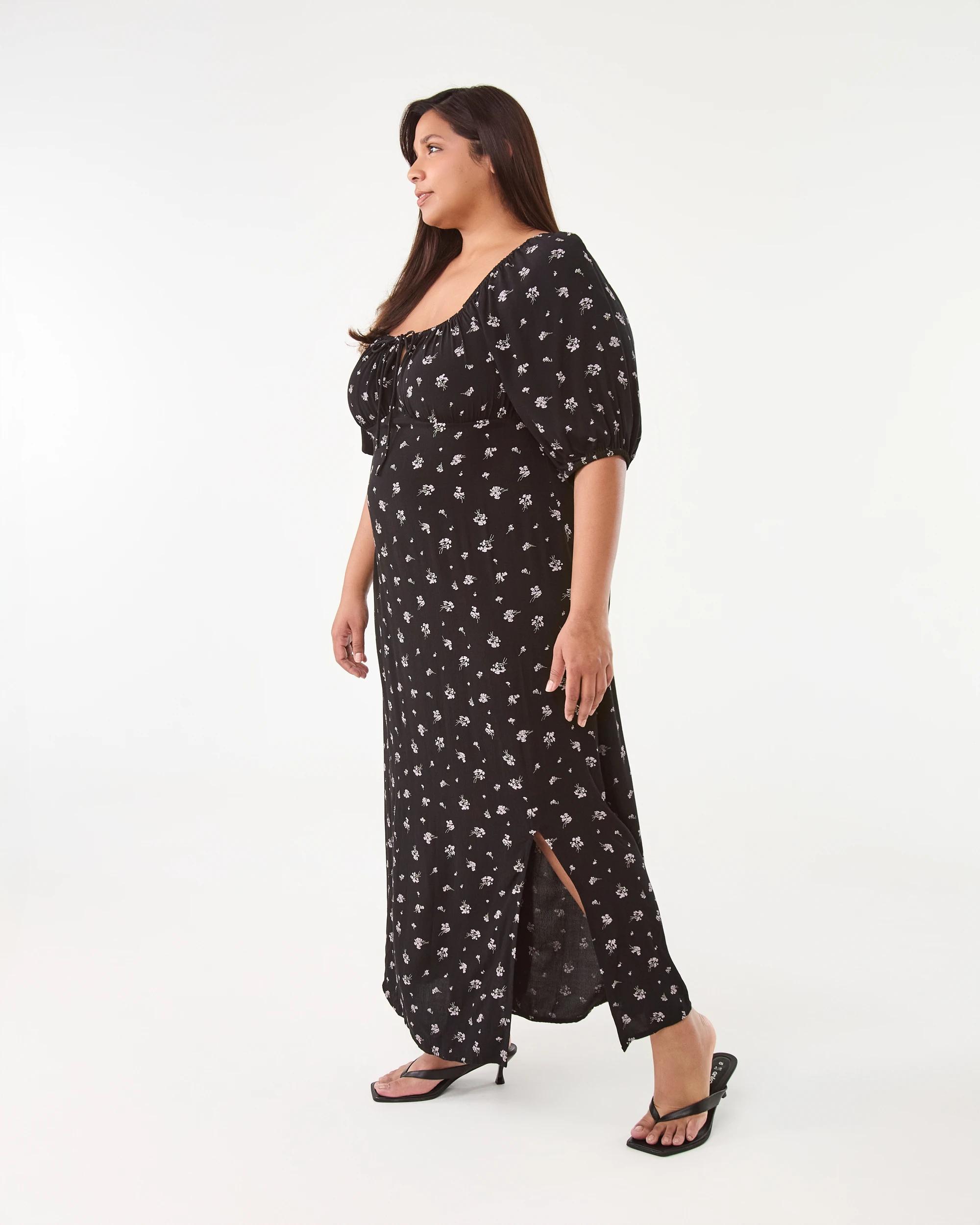 2 Curve Short Sleeve Square Neck Tea Midi Dress Ditsy Blk, 2 of 9