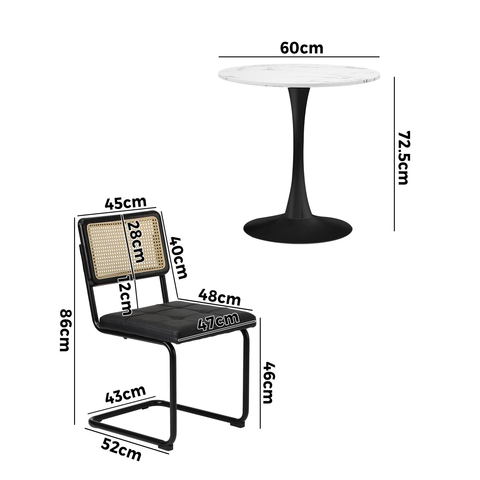 1 Oikiture 60cm Round Dining Table with 2PCS Dining Chairs PU Leather - Black, 1 of 9