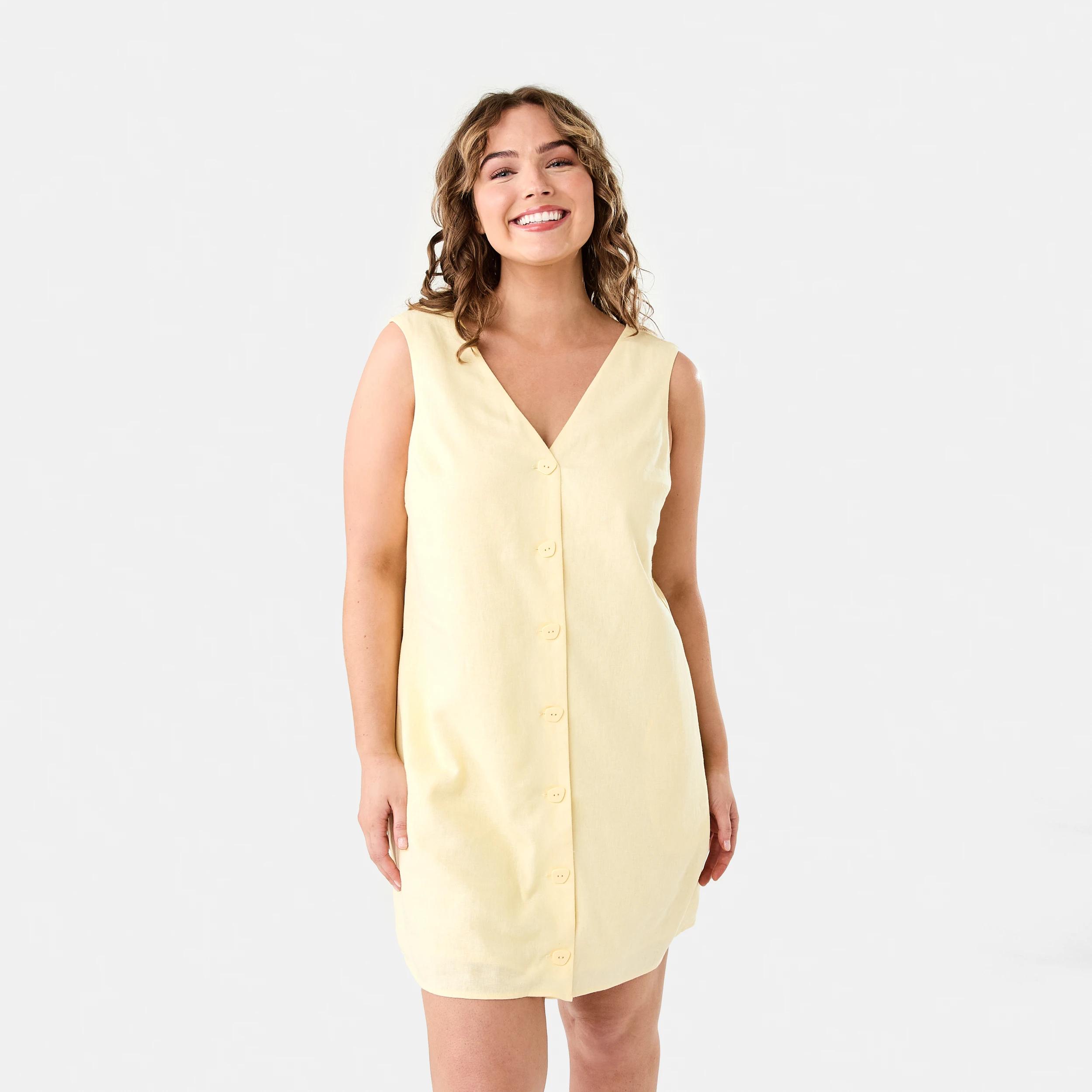 1 Sleeveless V-neck Linen Blend Button Mini Dress Fln Yellow, 1 of 9