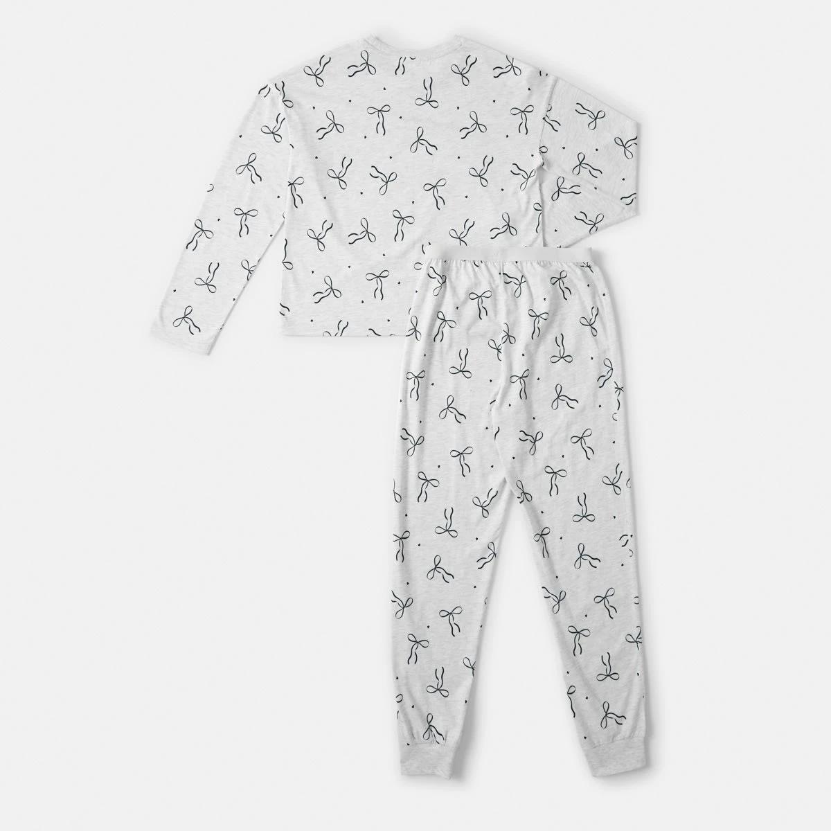 6 Long Sleeve Jersey Pyjama Set Wht Bow, 6 of 8