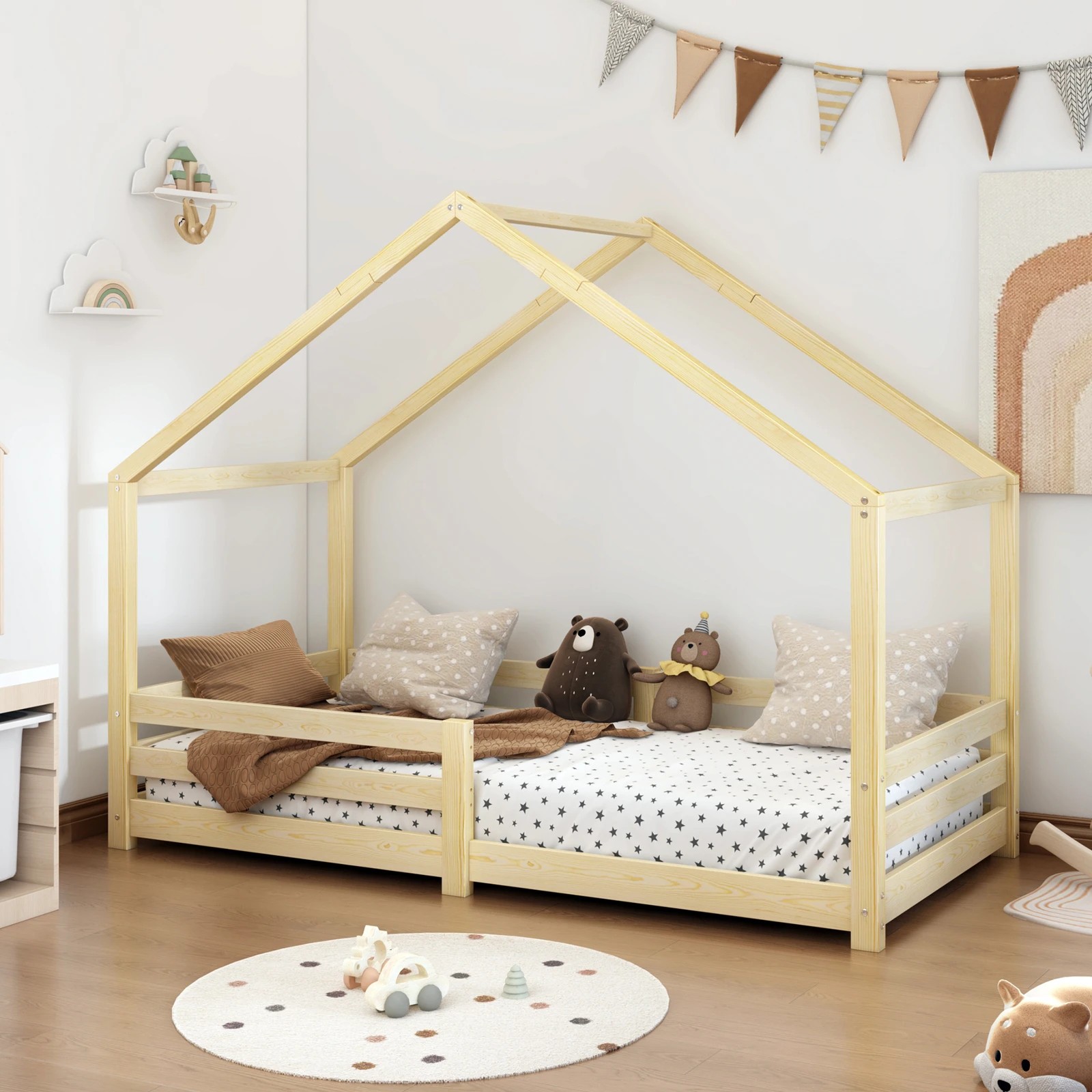 3 Alfordson Kids Bed Frame Wooden Timber Single House Frame Platform Base - Natural, 3 of 7