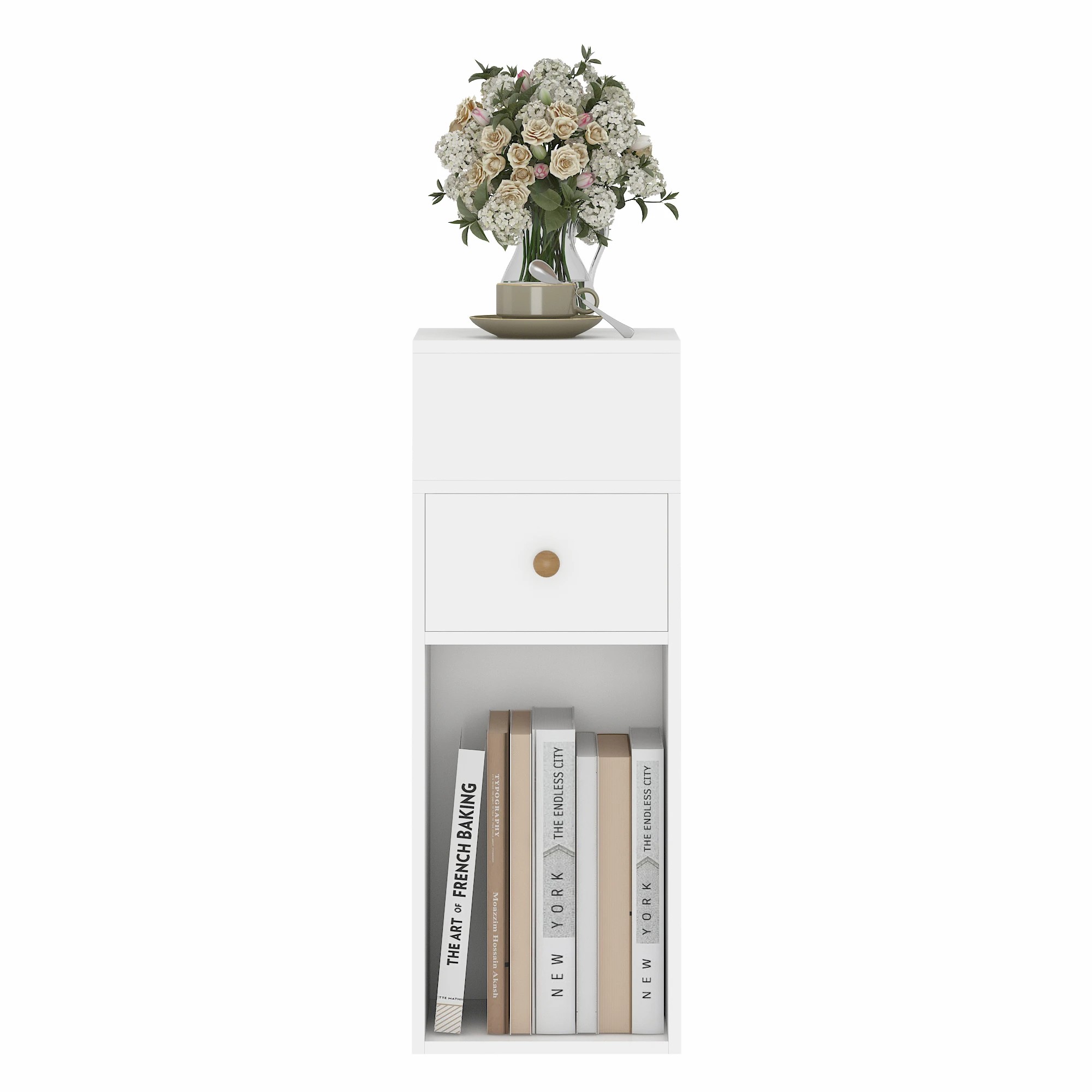 3 Advwin Side Table 25cm Narrow Sofa End Table w/ Side Shelf & Drawer Slim Bedside Table - White, 3 of 10