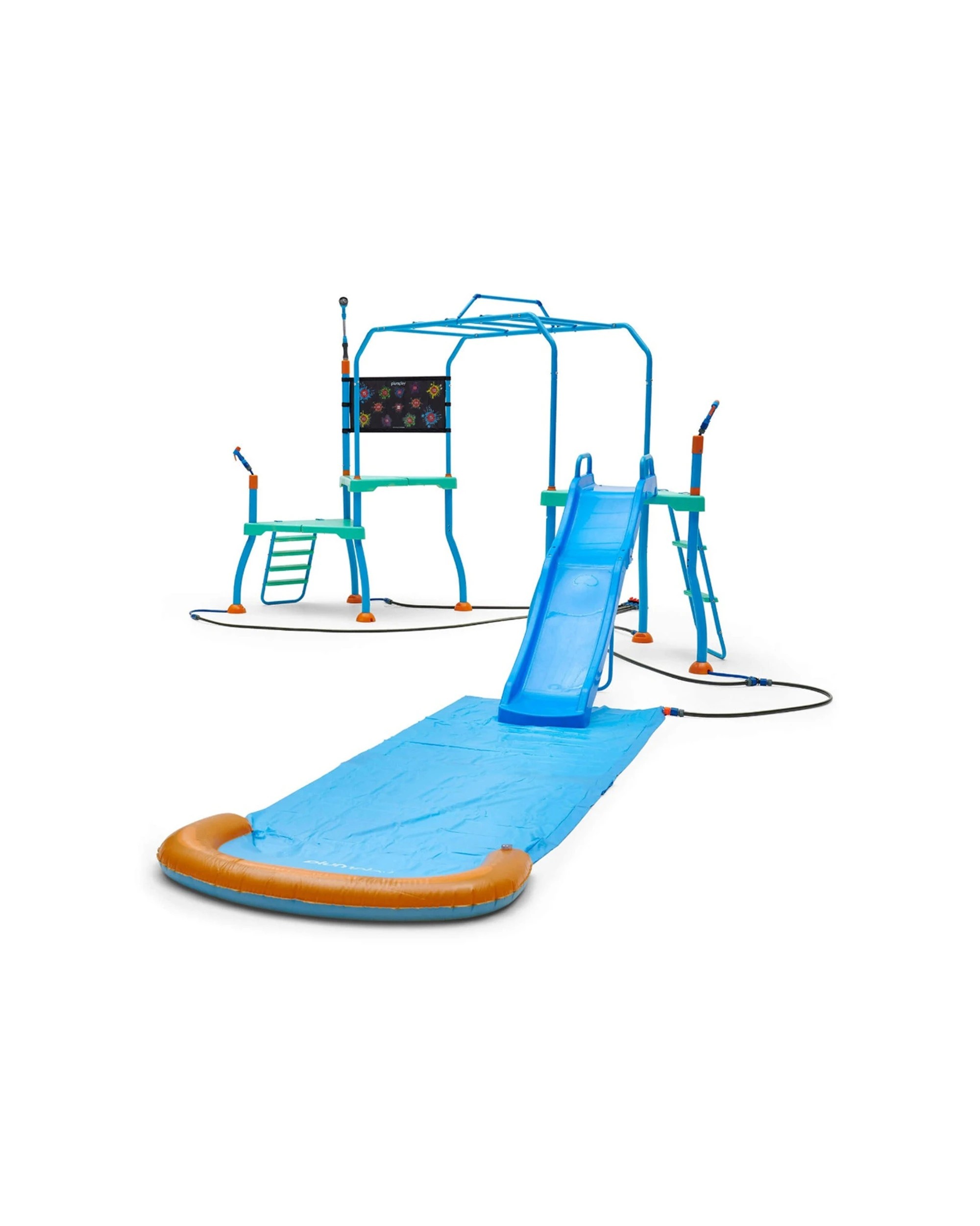 1 Plum Play Kids Outdoor Water Blaster Course Climbing Frame With 6 Foot Slide Sprinklers - Blue, 1 of 8