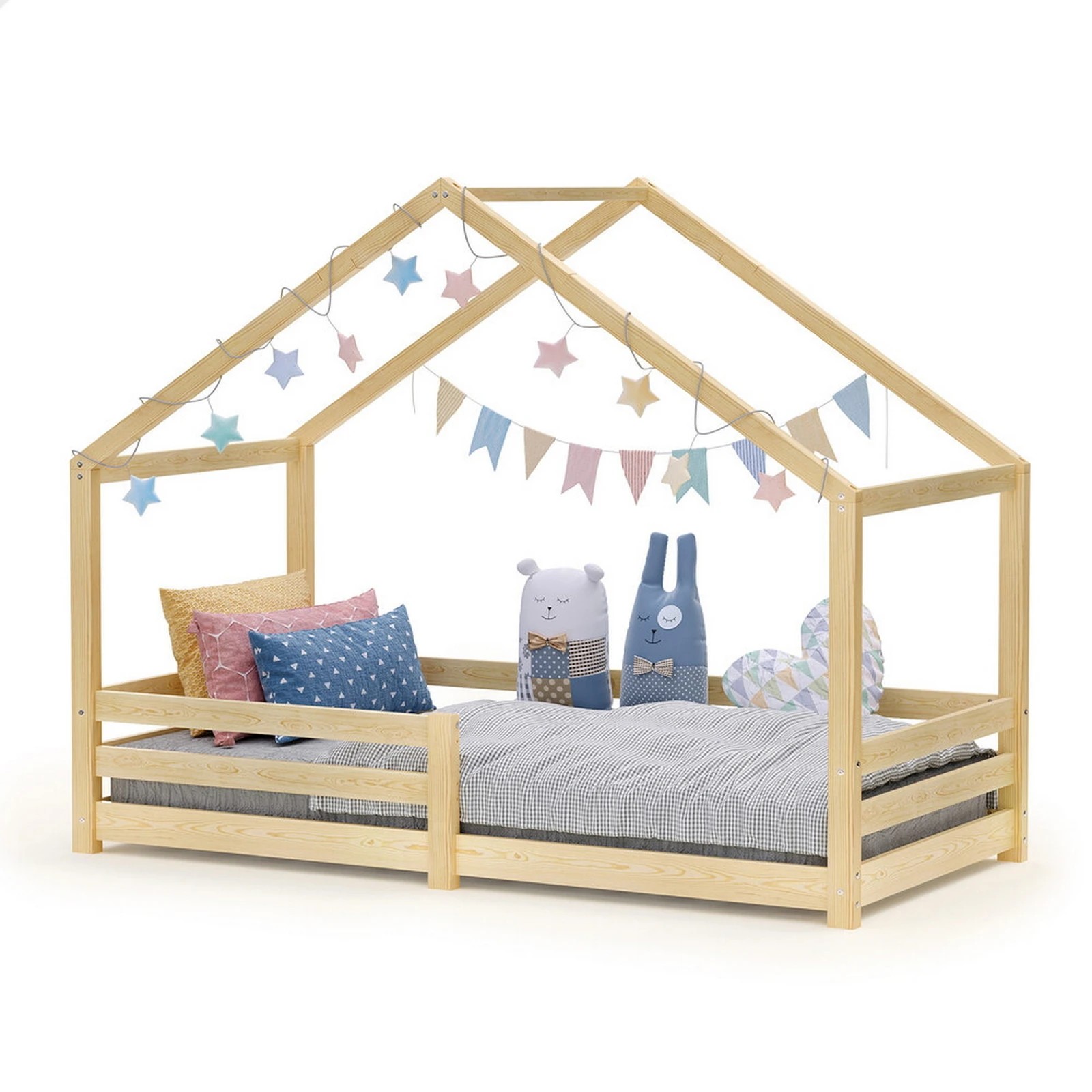 1 Alfordson Kids Bed Frame Wooden Timber Single House Frame Platform Base - Natural, 1 of 7