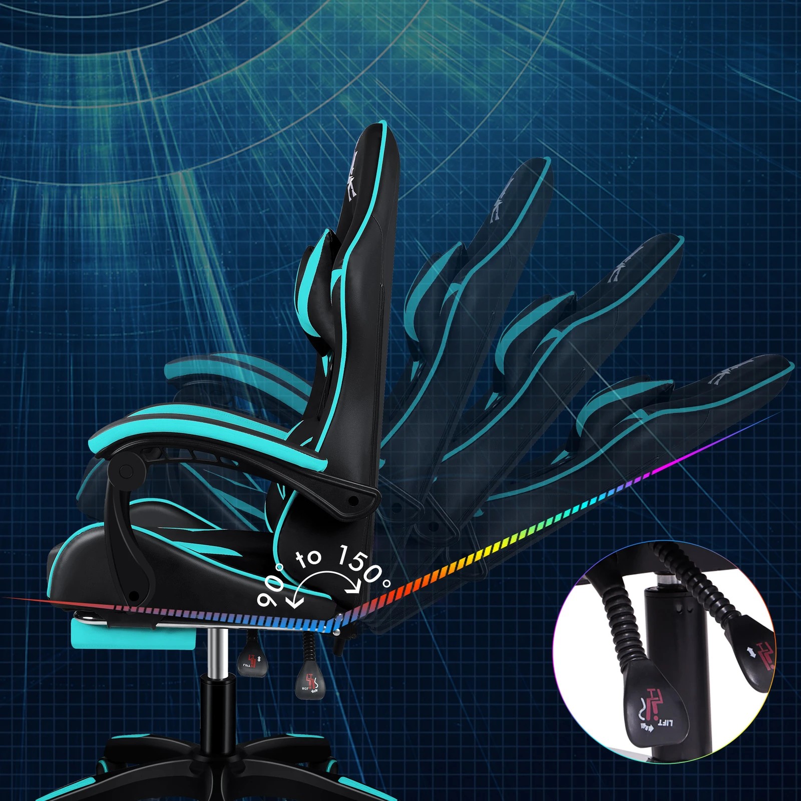 5 Alfordson Gaming Office Chair Massage Computer Footrest Leather - Cyan, 5 of 10
