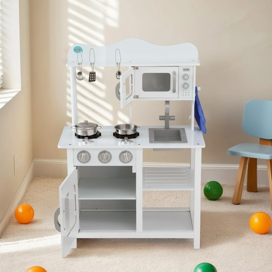 5 Keezi Kids Kitchen Play Set en Pretend Toys Cooking Children Cookware Food - White, 5 of 6