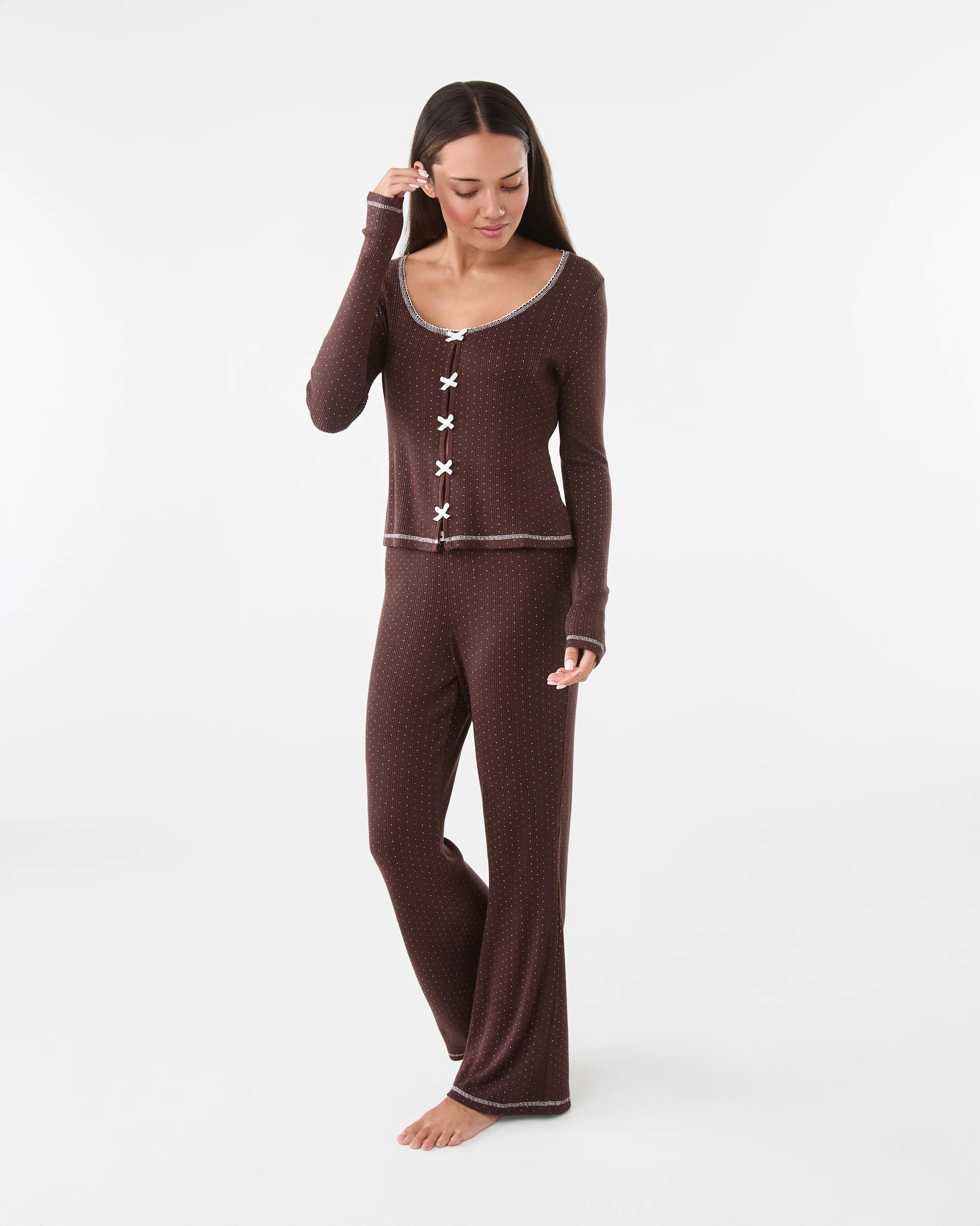 3 Long Sleeve Brushed Rib Bows Top Spot Choc, 3 of 7