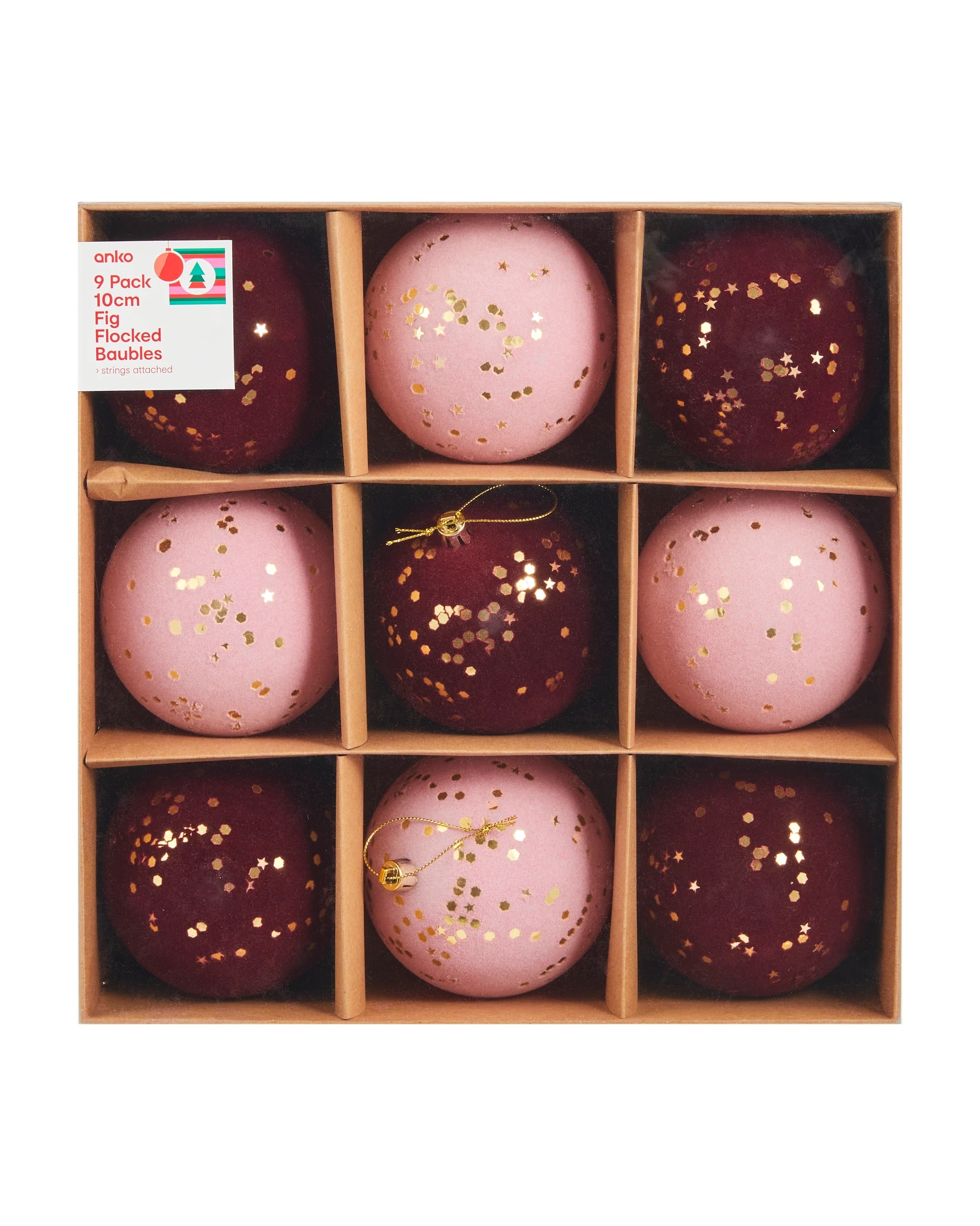 1 9 Pack 10cm Fig Flocked Baubles, 1 of 5