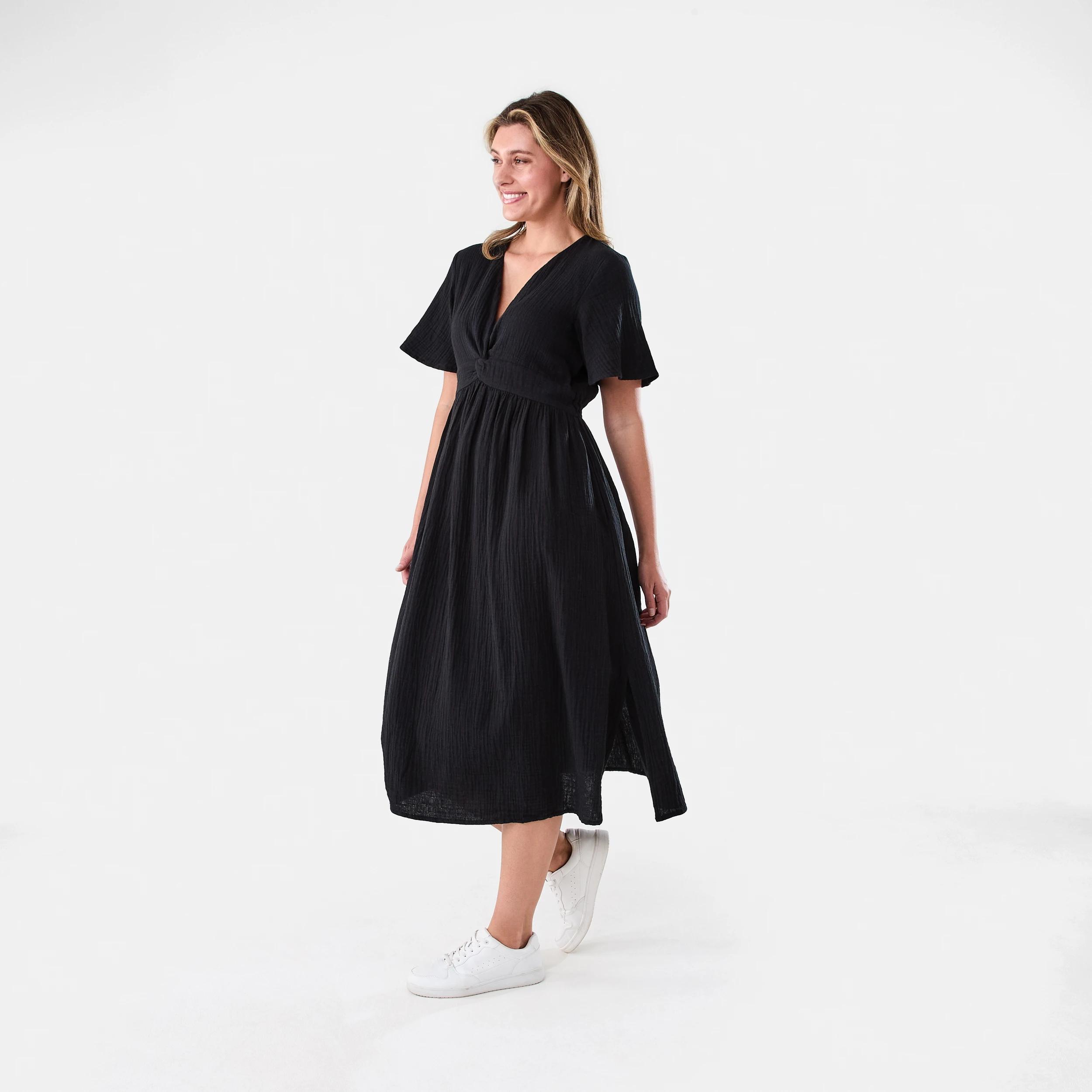 2 Short Sleeve Twist Front Midi Dress Black, 2 of 8