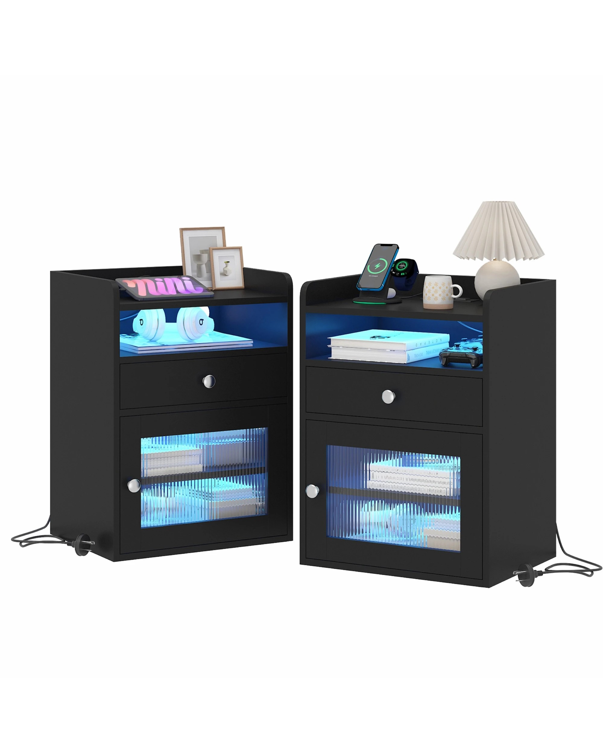1 Advwin 2xBedside Table Acrylic Door With with Charging Station & LED Light - Black, 1 of 7