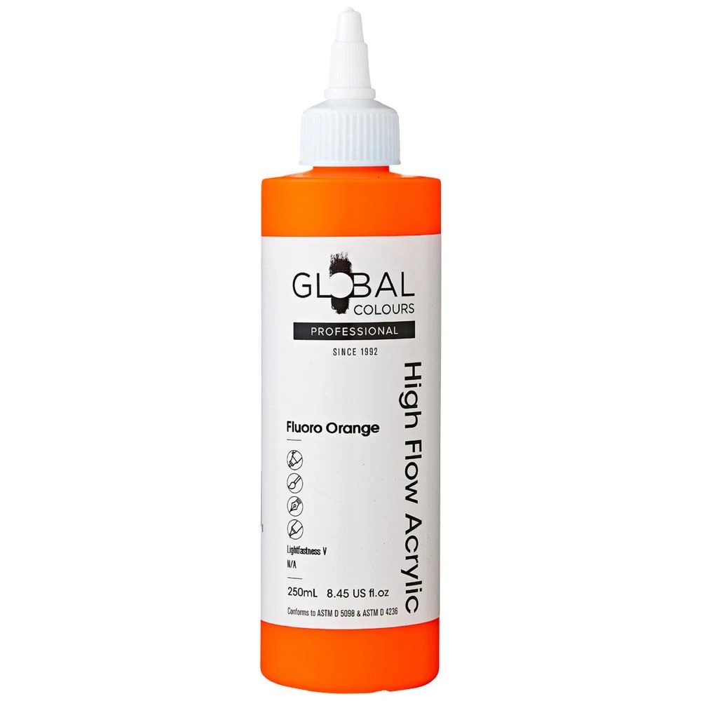 1 Global Colours High Flow Acrylic Paint 250mL Fluoro Orange, 1 of 2