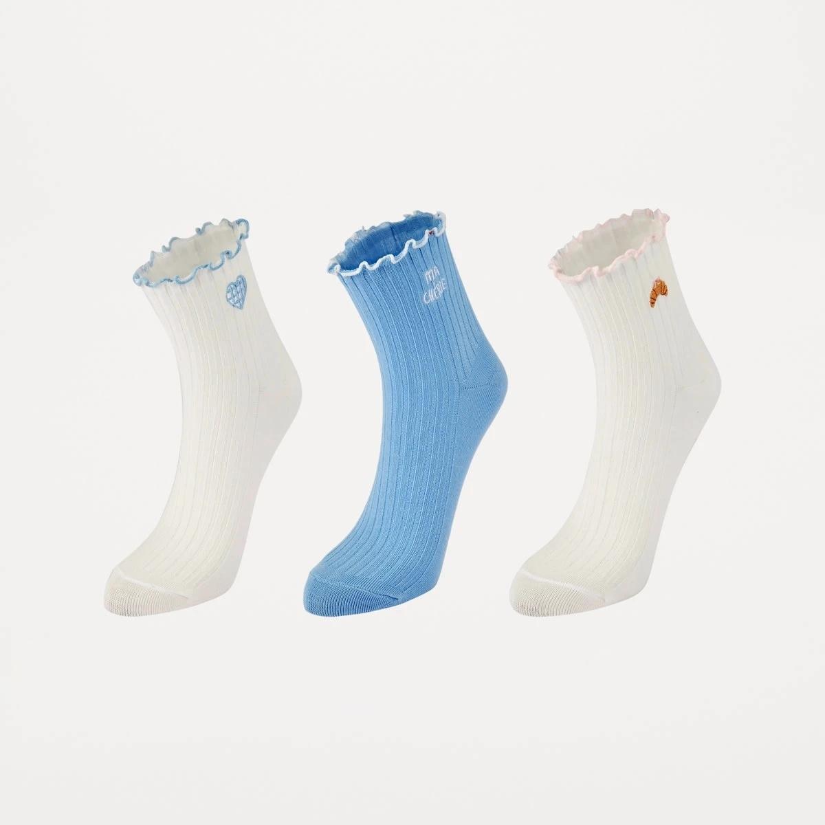 1 3 Pack Frill Quarter Crew Embroidery Socks CROISSANT SKYWAY, 1 of 3