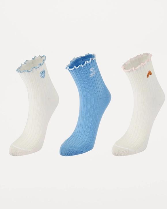 3 Pack Frill Quarter Crew Embroidery Socks