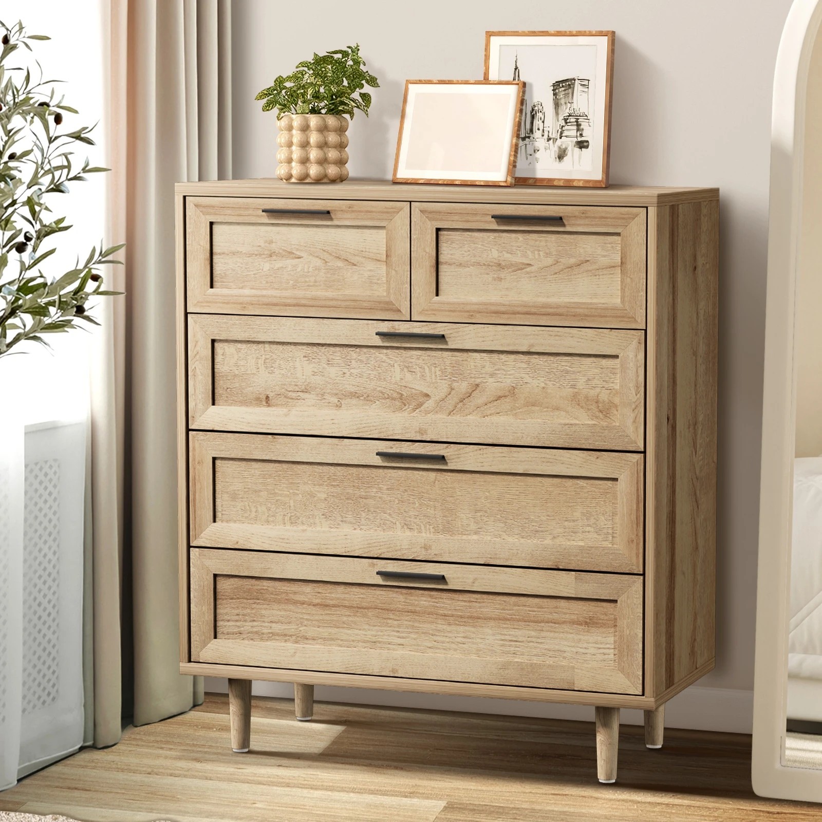 2 Oikiture 5 Chest Of Drawers Dresser Chest Storage Cabinet Tallboy
 - Natural, 2 of 10
