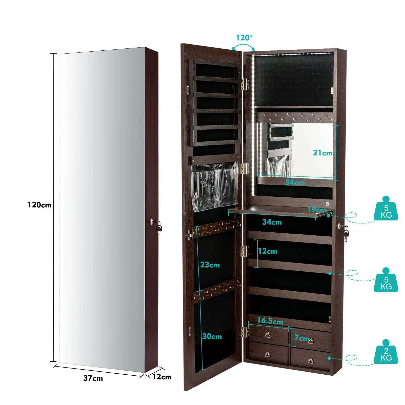 2 Costway LED Full-length Mirror Jewellery Cabinet Storage Cabinet Wall/Door Mounted - Brown, 2 of 2