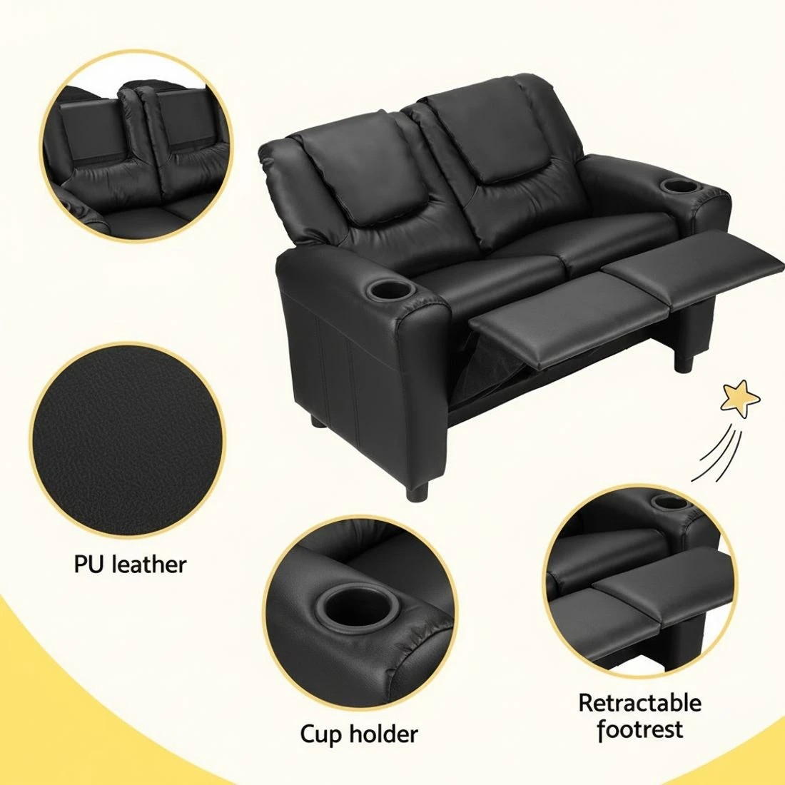 5 Keezi Kids Recliner Chair Double PU Leather Sofa Lounge Couch Armchair - Black, 5 of 5