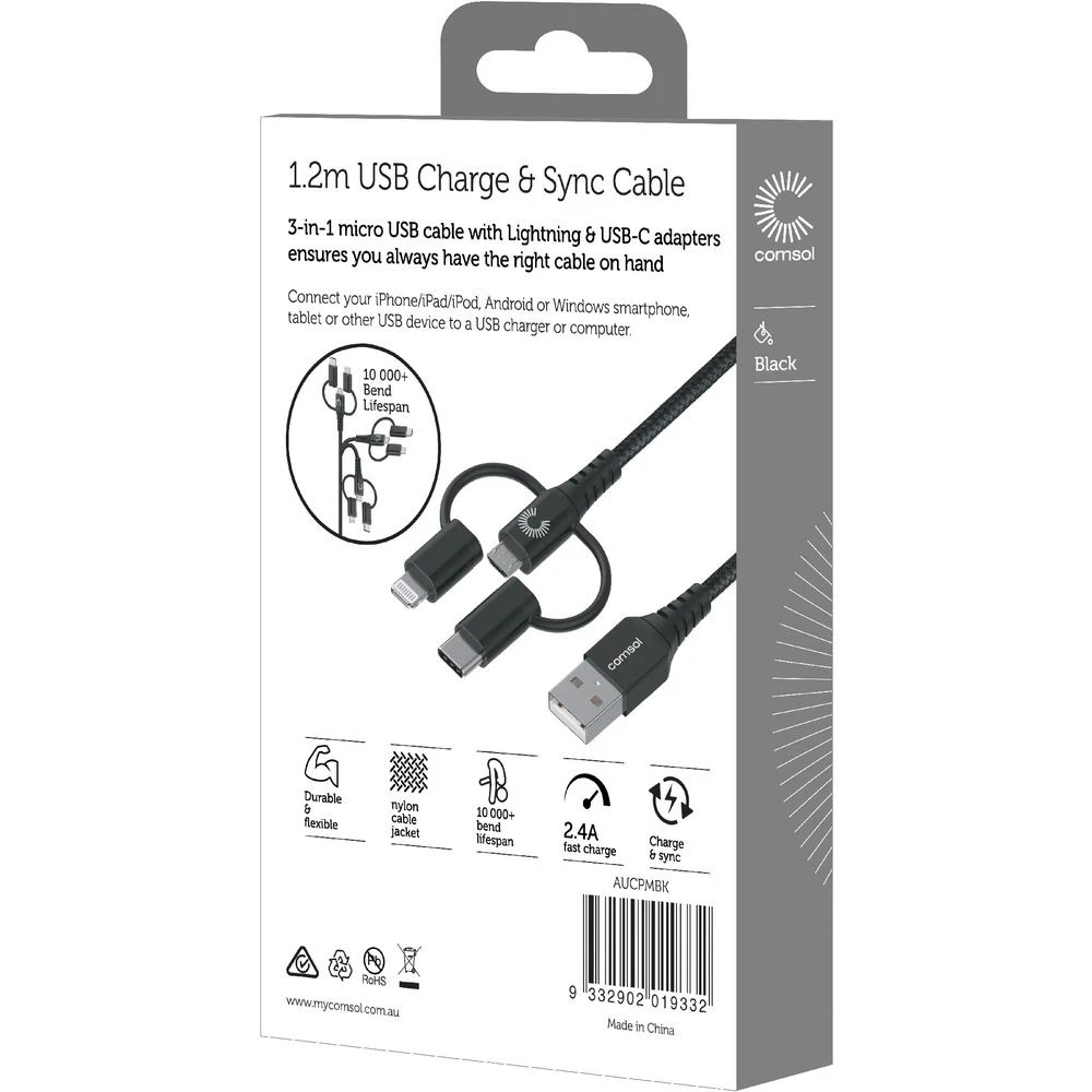 2 Comsol Lightning/USB-C/Micro to USB-A MFi Cable 1.2m Black, 2 of 3