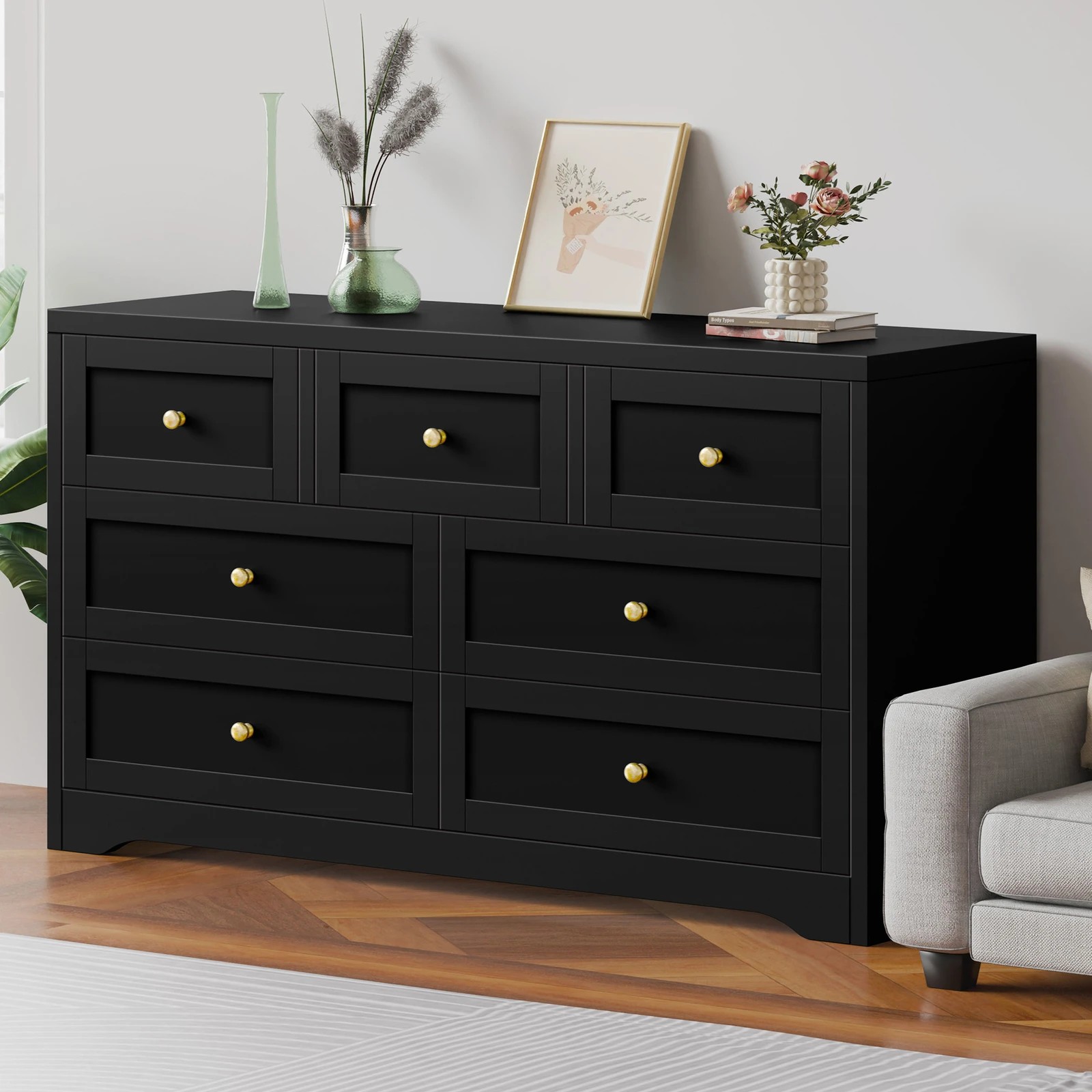 1 Alfordson 7 Chest of Drawers Hamptons Storage Cabinet Dresser Tallboy - Black, 1 of 8