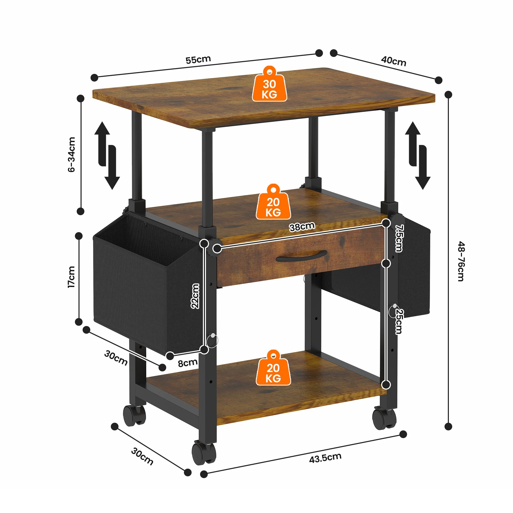 3 Advwin Mobile Printer Stand Height Adjustable with Storage & Wheels - Brown, 3 of 7