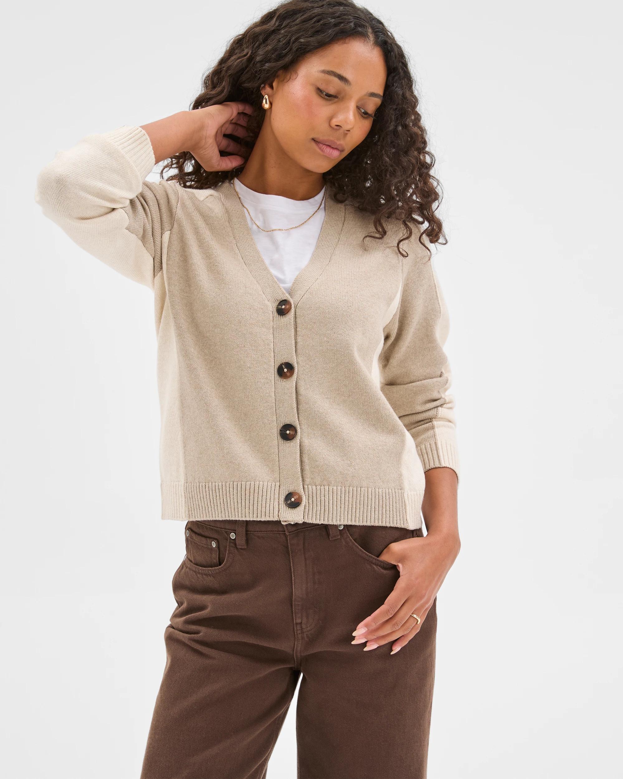 4 Target Woman Australian Cotton Blend V-Neck Colour Block Cardigan LIGHT FAWN, 4 of 8