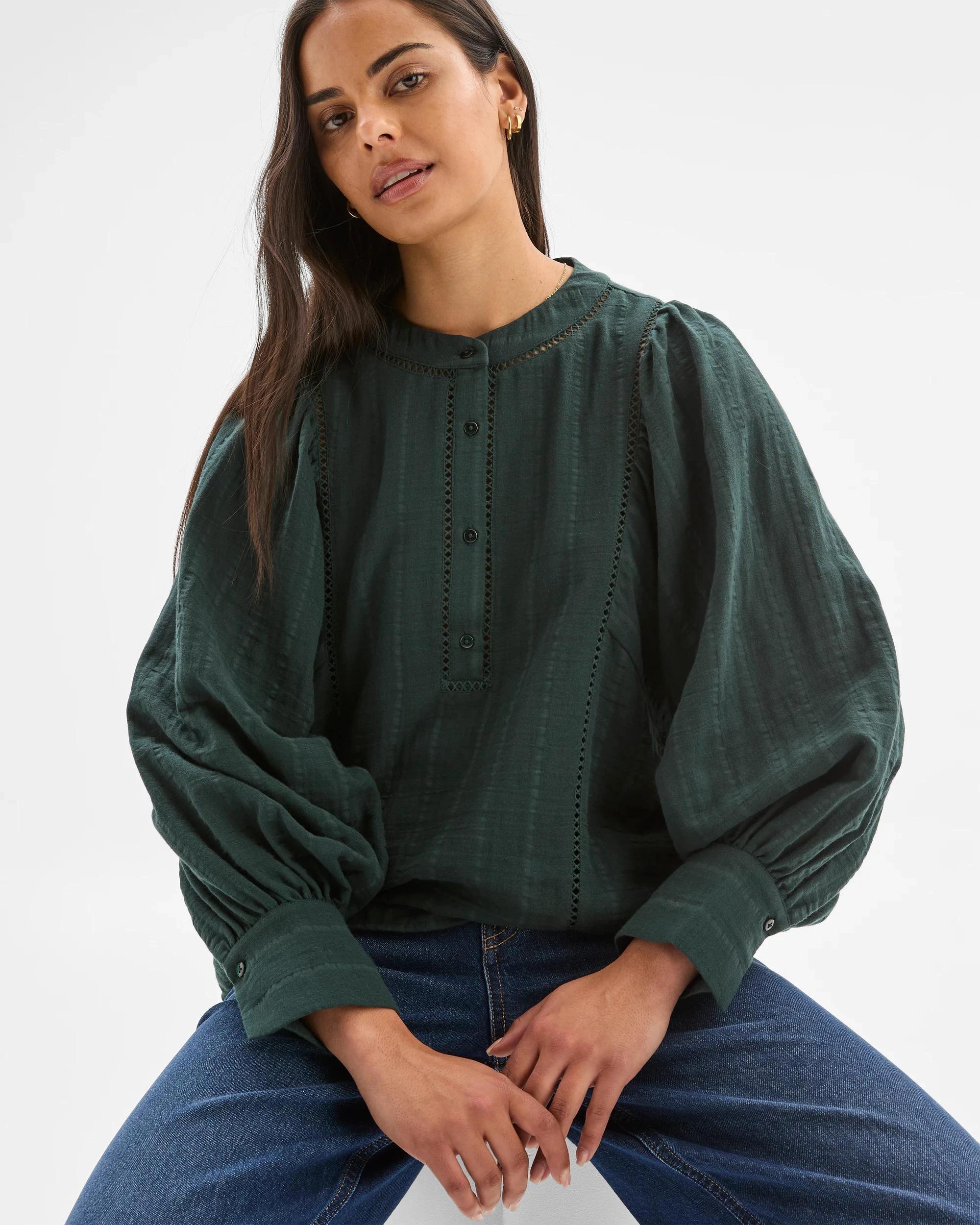 6 Target Woman Double Cloth Long Puff Sleeve Lace Trim Shirt MIDNIGHT JADE, 6 of 7