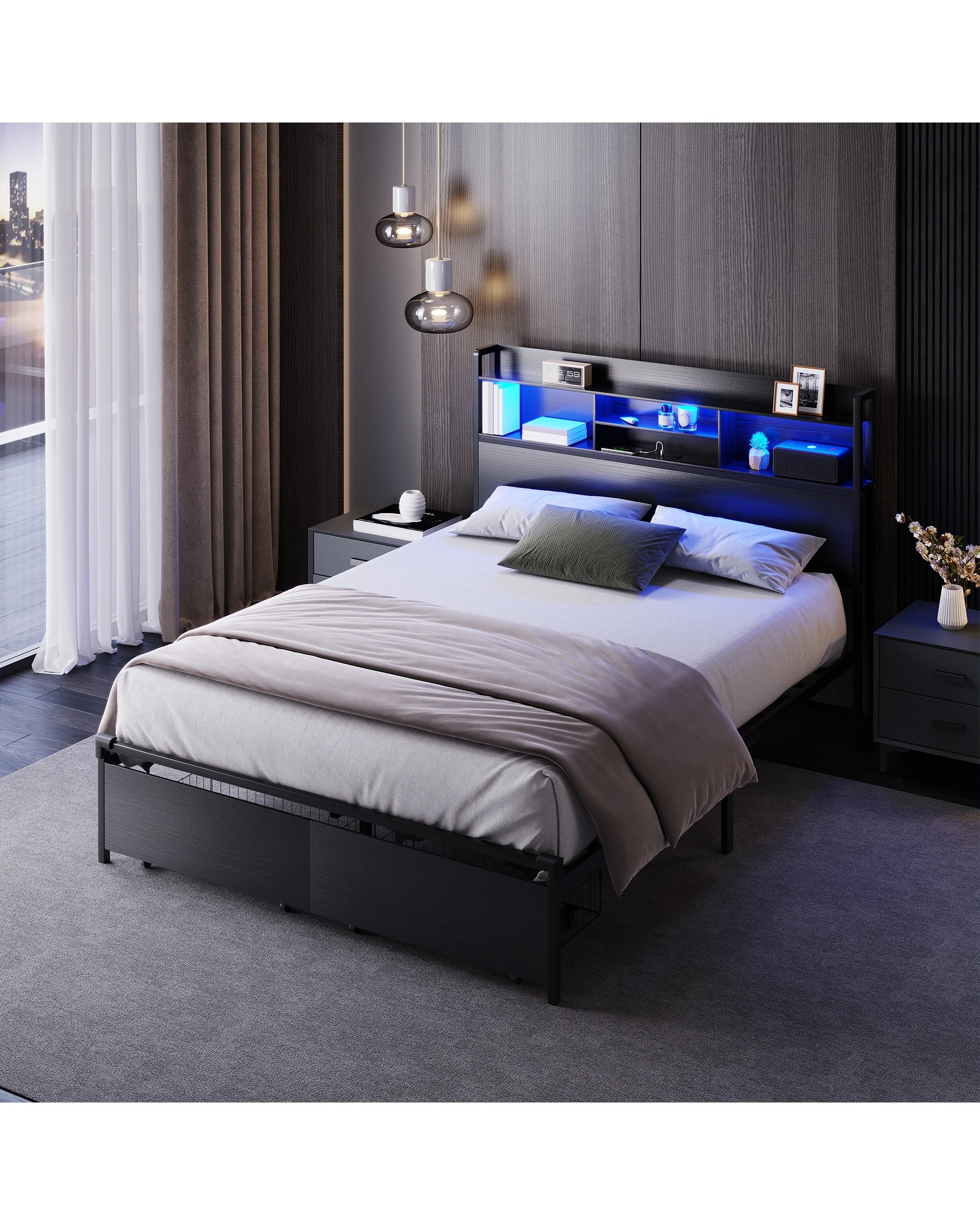 7 Advwin Queen Size Bed Frame with 2 Drawers Led Light & Charging Station Black, 7 of 7