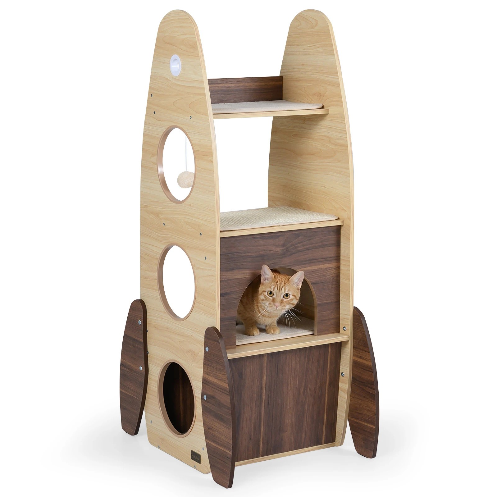 4 Costway 120cm Rocket Cat Tree Wooden Cat Tower w/2-Storey Condo, 4 of 4