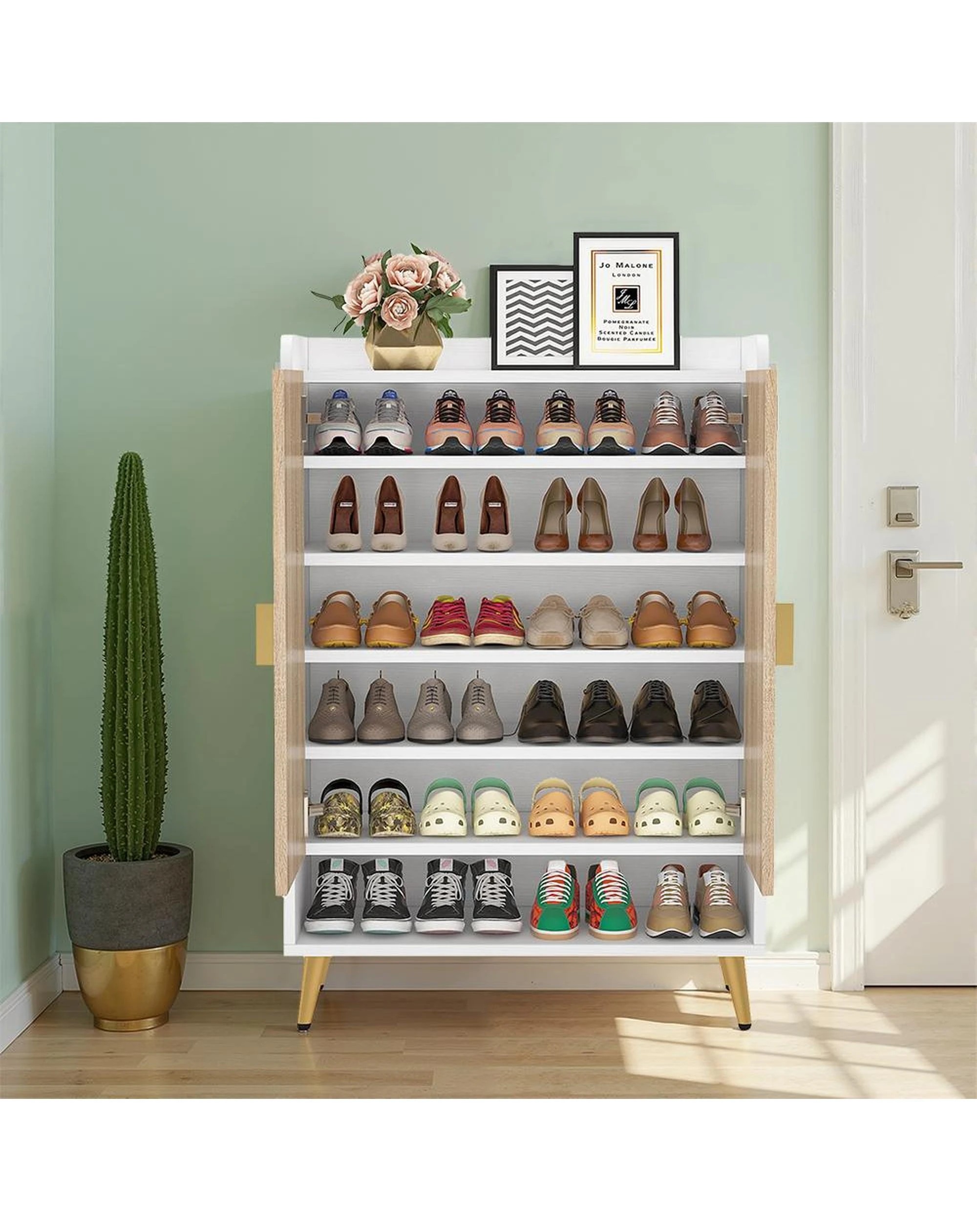 3 OAKORY 110cm White Shoe Cabinet with 7 Adjustable Tiers Wood Grain & White, 3 of 5
