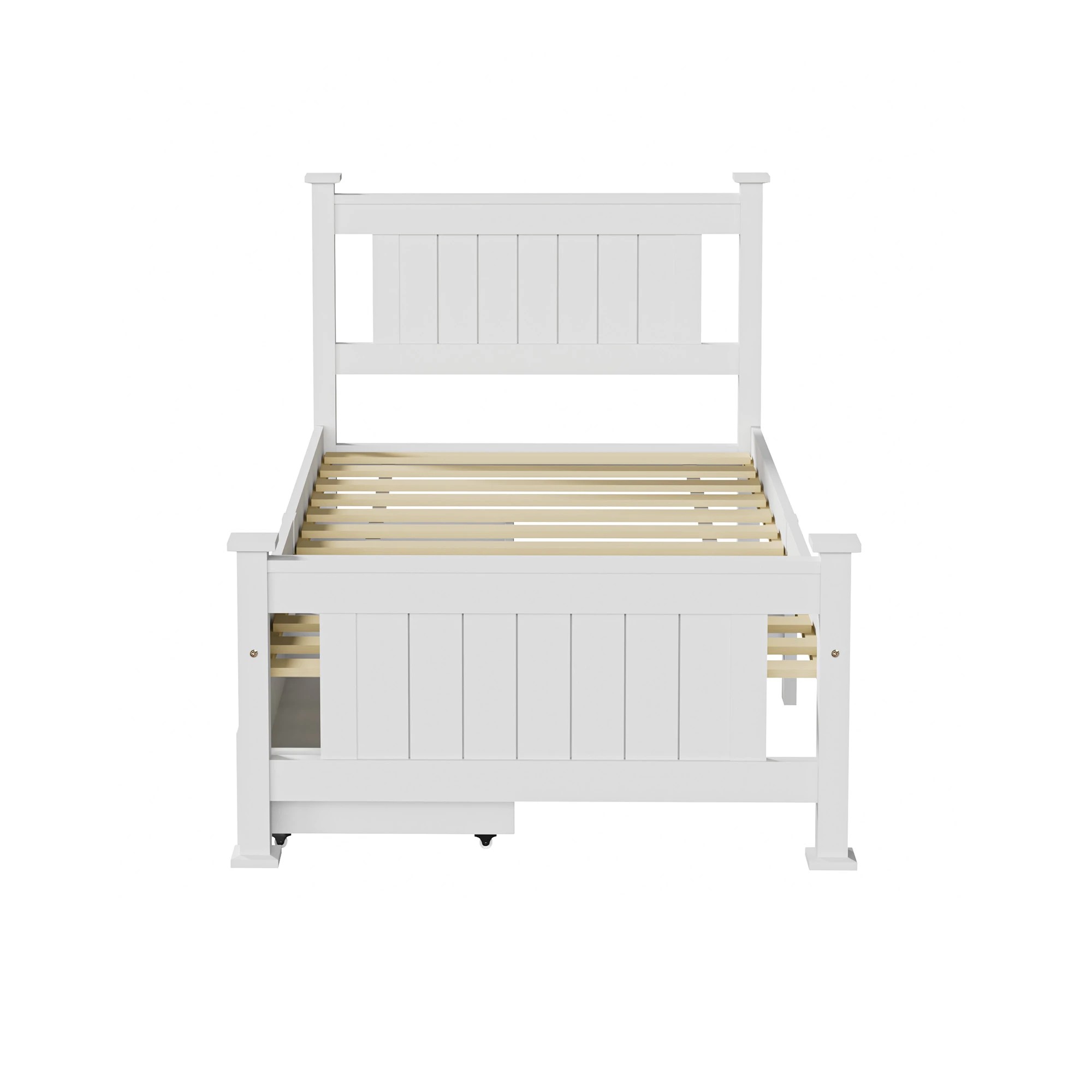 4 Oikiture Solid Pine Wood Bed Frame with 2 Trundle Drawers Single - White, 4 of 7