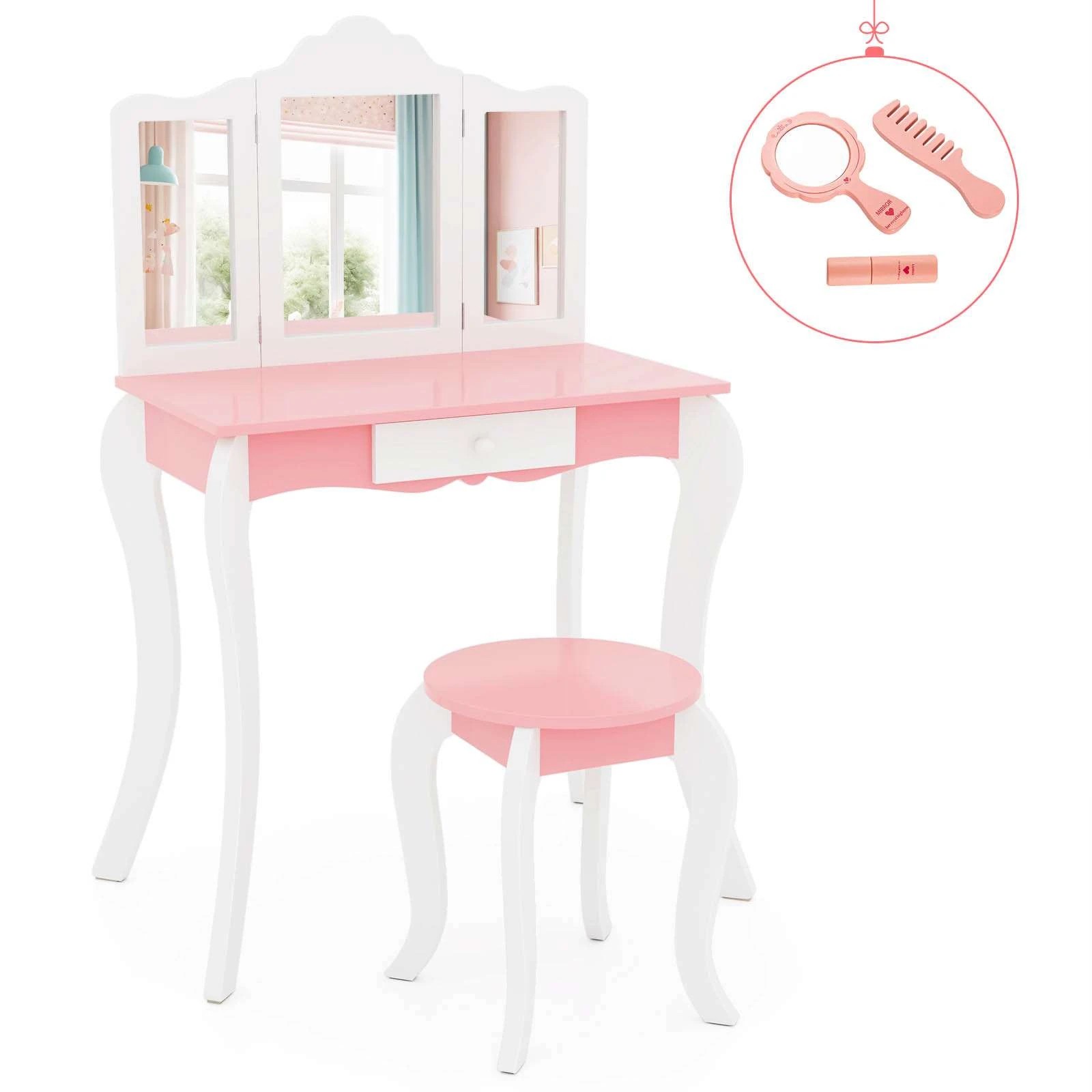 1 Costway 2-in-1 Vanity Table Stool Set Tri-Folding Mirror - Pink, 1 of 1