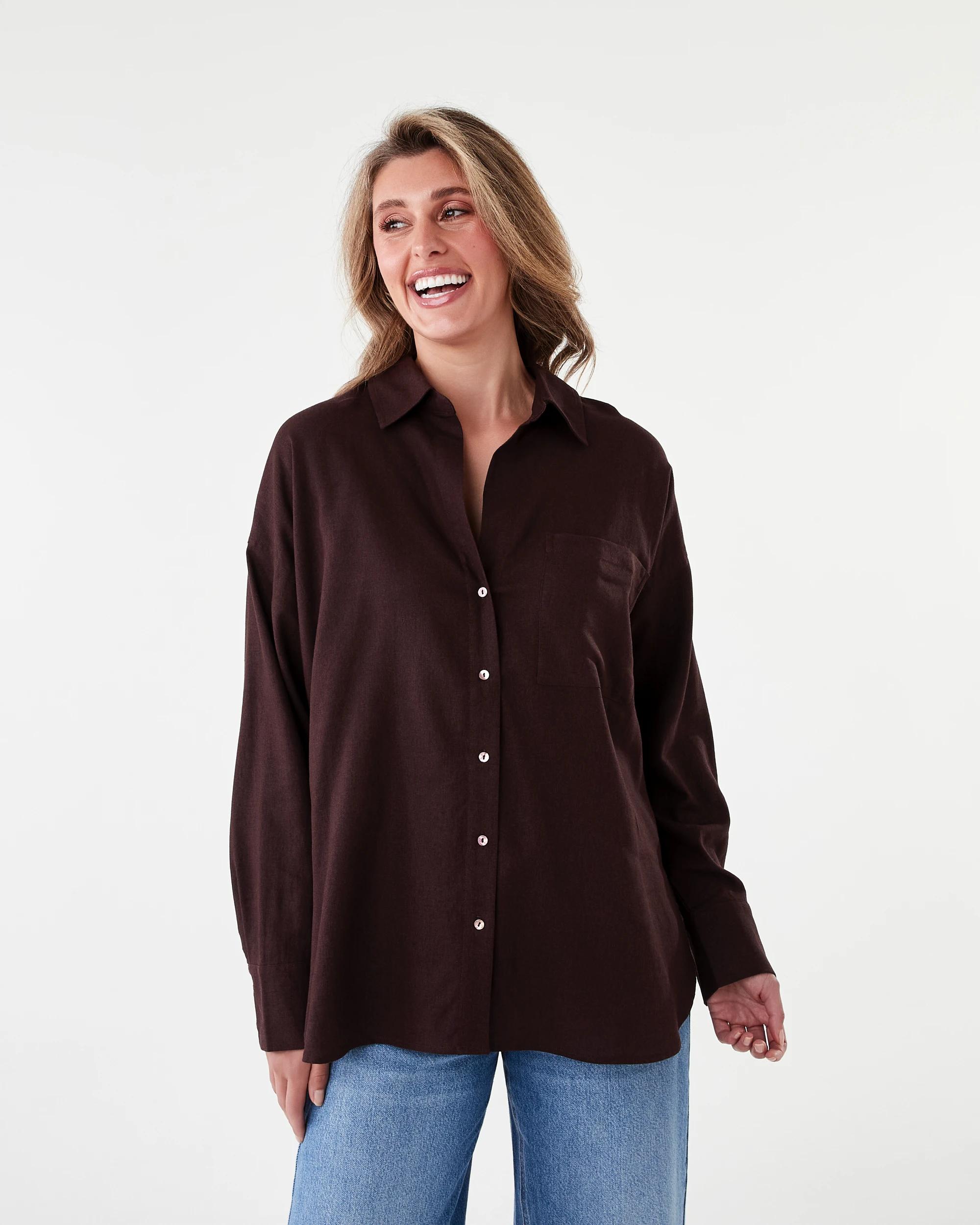 1 Long Sleeve Oversized Linen Blend Shirt Choc Plum, 1 of 8