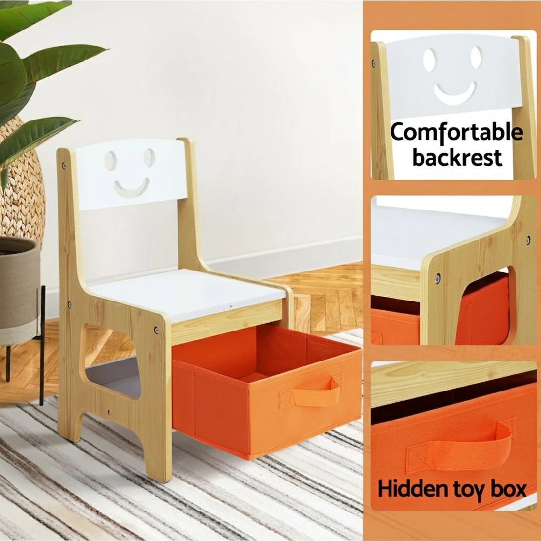 4 Keezi 3PCS Kids Table and Chairs Set Activity Desk Chalkboard Toys Storage - Natural, 4 of 5