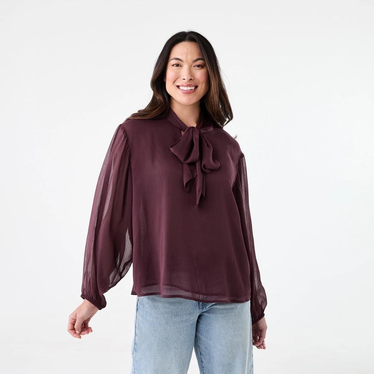 1 Long Sleeve Neck Tie Blouse Mulberry, 1 of 6