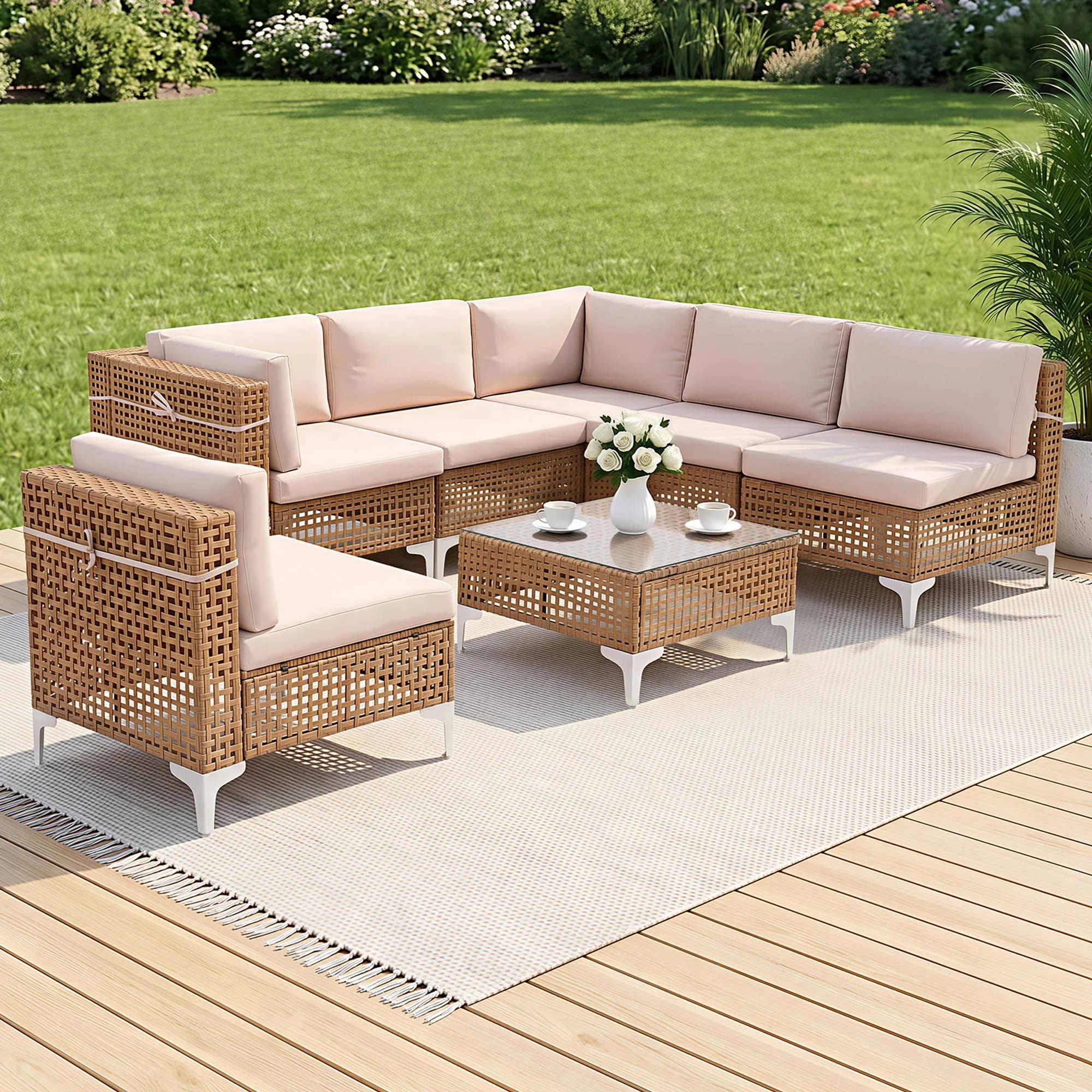 7 Gardeon 6 Seater Outdoor Sofa Set 7PCS Table Chair Set Garden Rattan Patio Furniture - Beige, 7 of 7