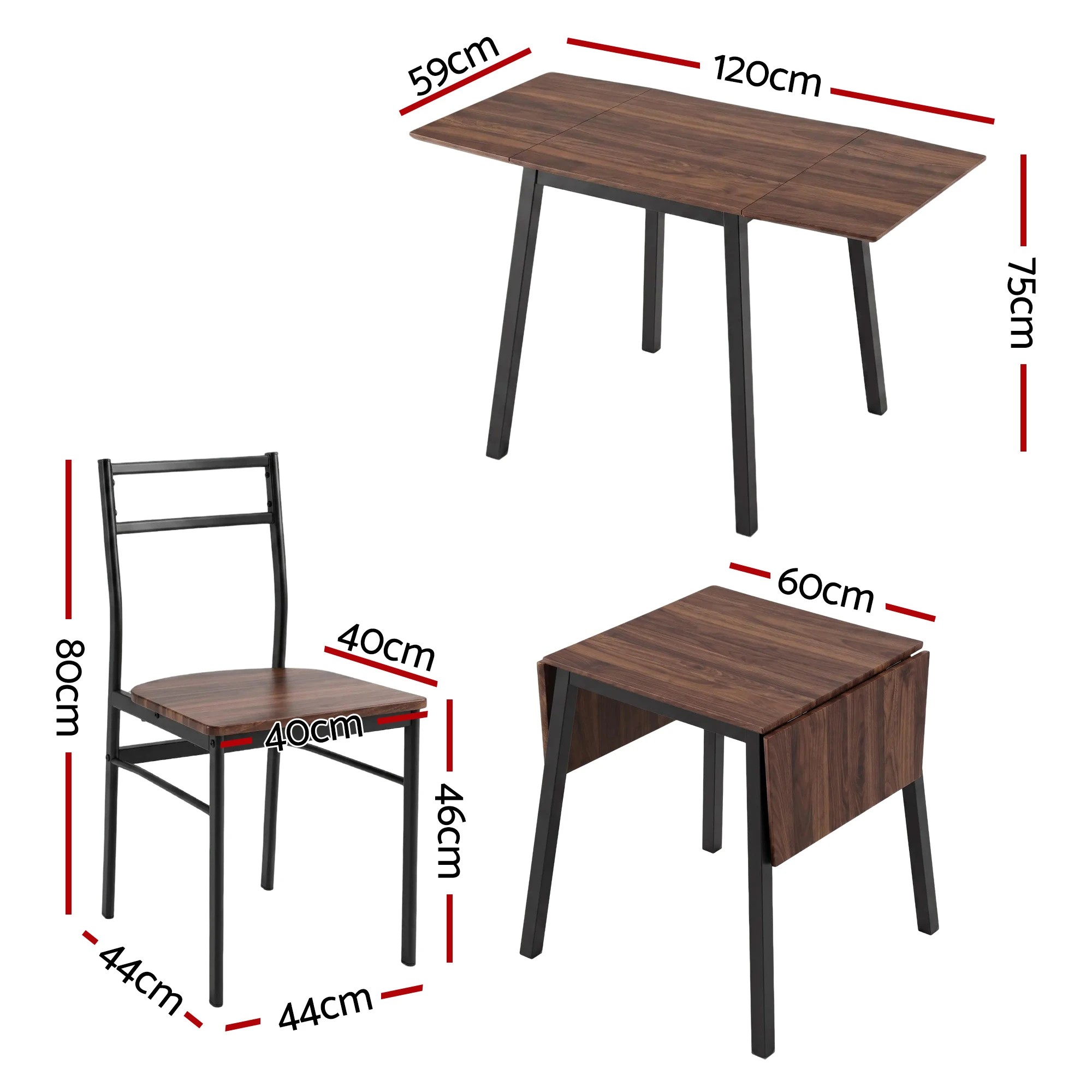 2 Artiss Dining Table and Chairs Set 5pcs with Extendable 60-120cm Drop-Leaf Table - Multi, 2 of 9